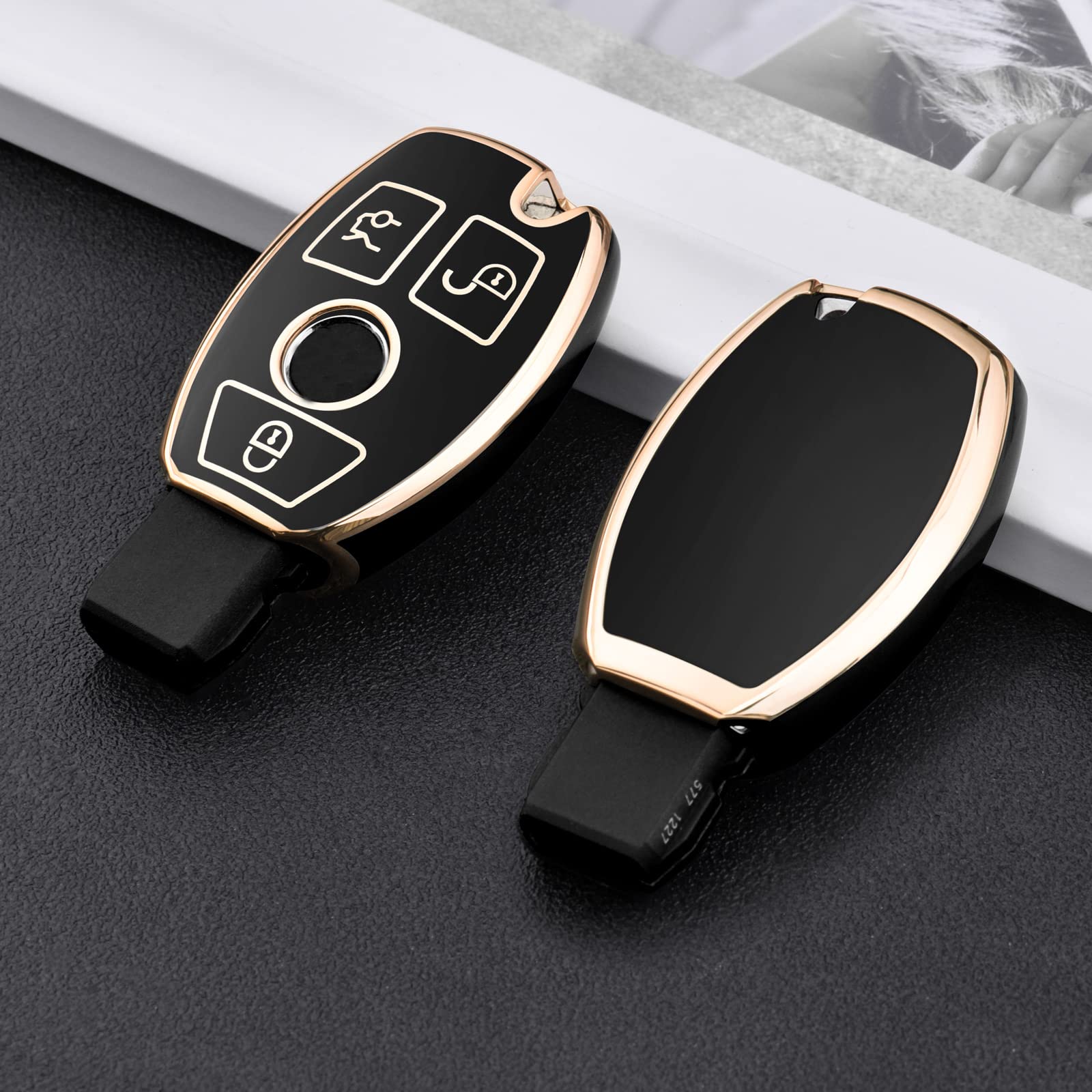Premium Soft TPU Key Fob Cover for Mercedes Benz C/E/S/M/CLS/CLK/G Class - Smart Key Case Protector with Gold Edge Black Design | Perfect for Keyless Entry Protection & Luxury Car Accessory Gift