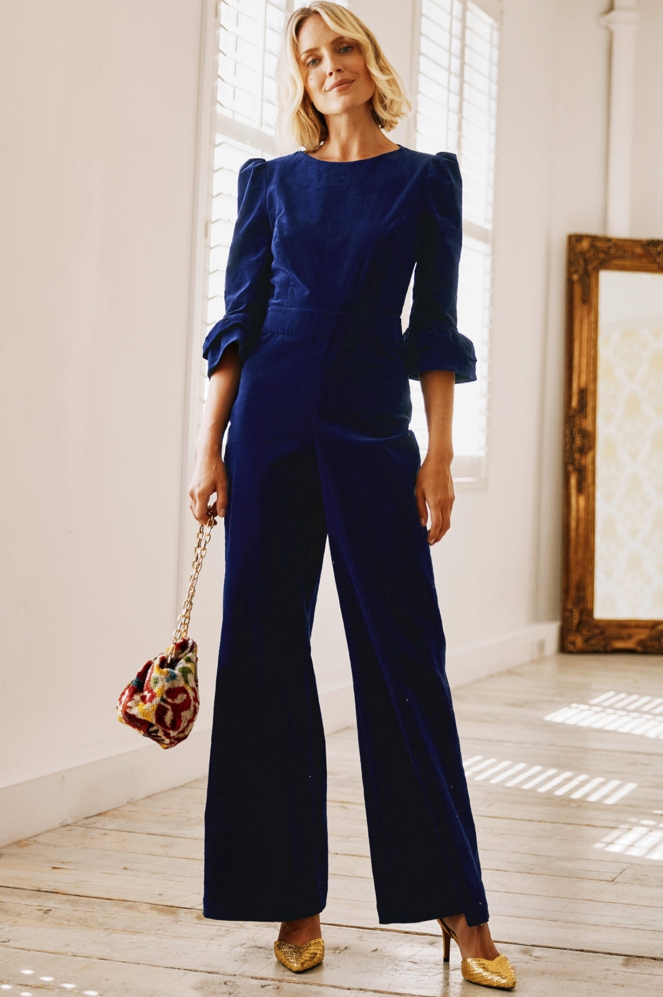 Victoria Women's 3/4 Sleeve Stretch Corduroy Jumpsuit in Atlantic Blue | Comfortable Casual Outfit for Fall & Winter | Perfect for Office, Date Night and Weekend Outings