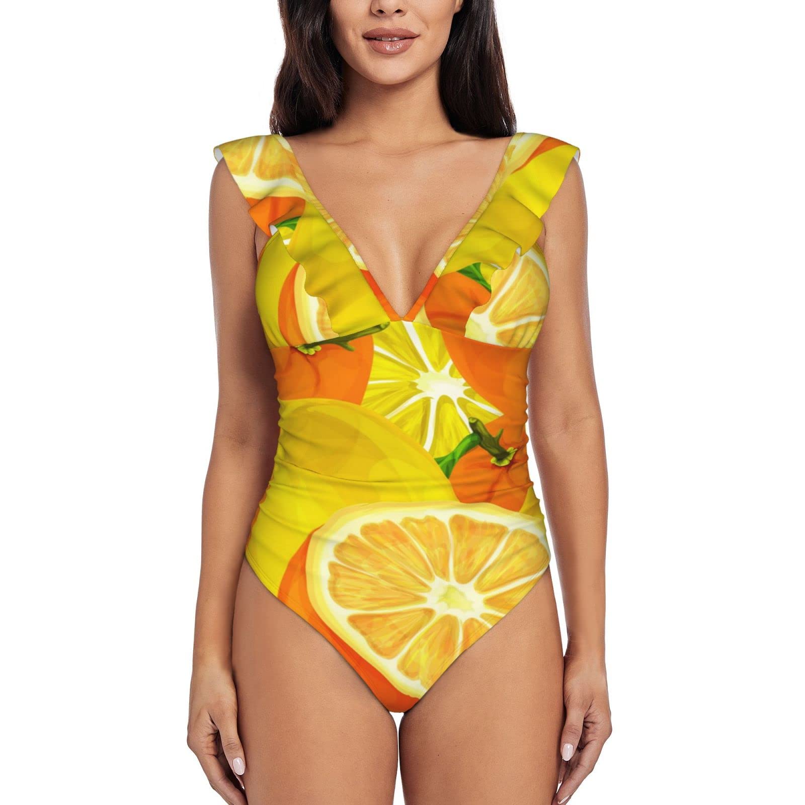 Women's V-Neck Ruffle One-Piece Swimsuit - Lemon Fruit Print Bathing Suit for Beach, Pool & Summer Vacations