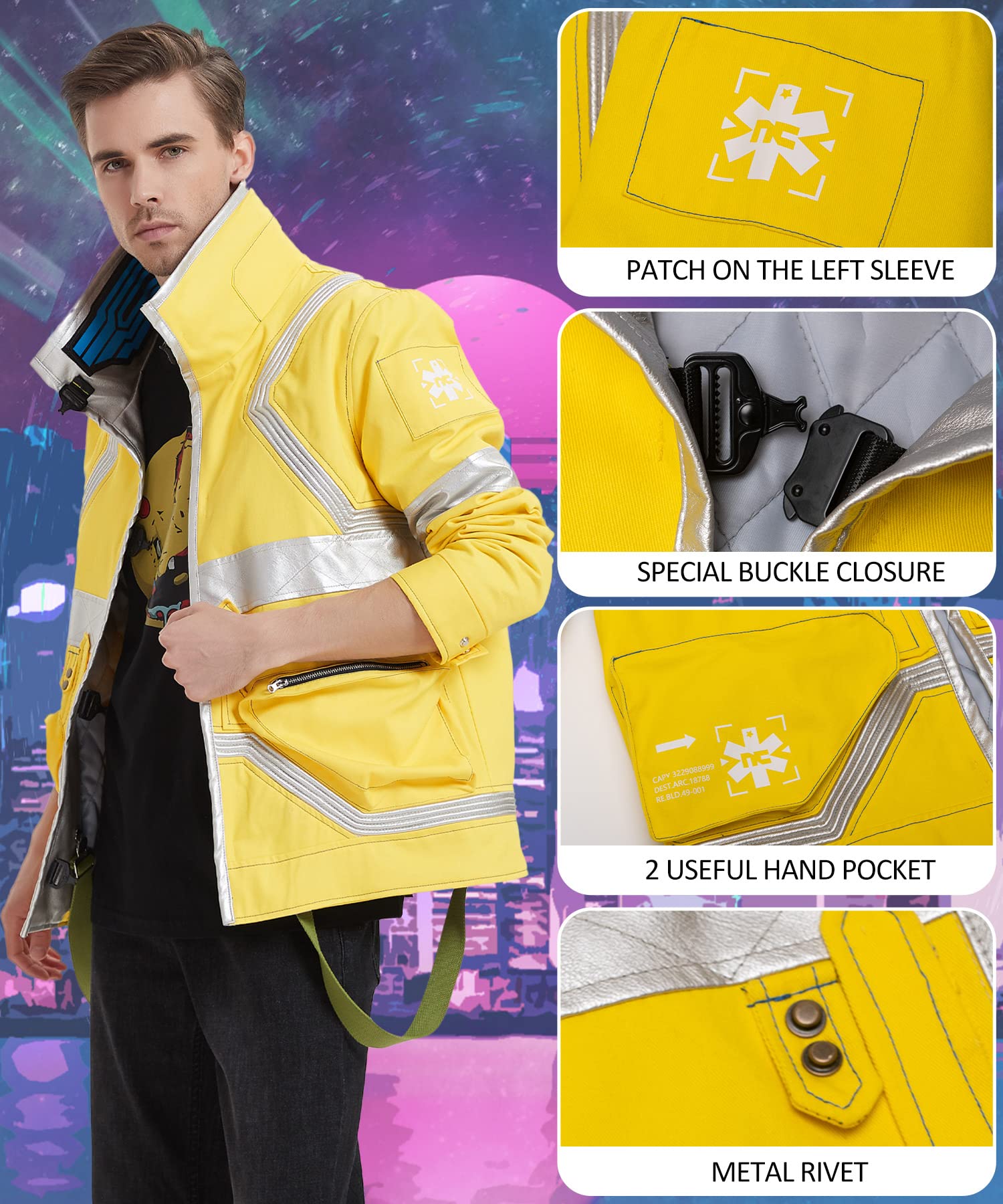 David's Jacket Cosplay Costume - Anime Role Play Stand Collar Cotton Winter Bomber Jacket for Men & Women (Yellow, XS-XXXL) | Perfect for Halloween, Comic Con, Cosplay Events & Anime Enthusiasts