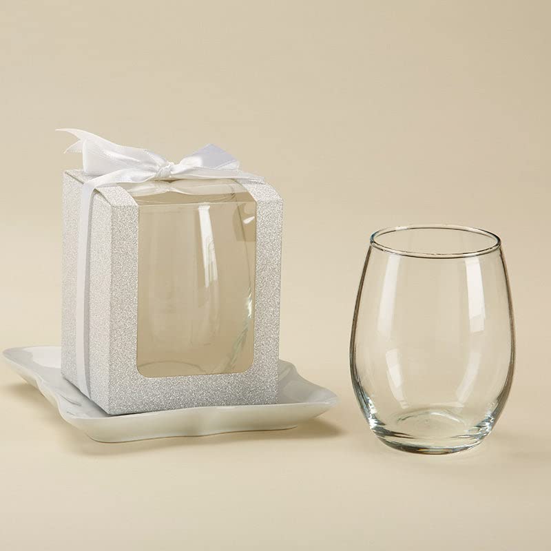 Kate Aspen Personalized Monogram 9 oz. Stemless Wine Glass - 96pcs Navy Blue - Custom Wedding Favors, Bridal Shower Party Gifts with Engraved Text - Perfect for Anniversary Celebrations, Bachelorette Parties & Couples Gifts
