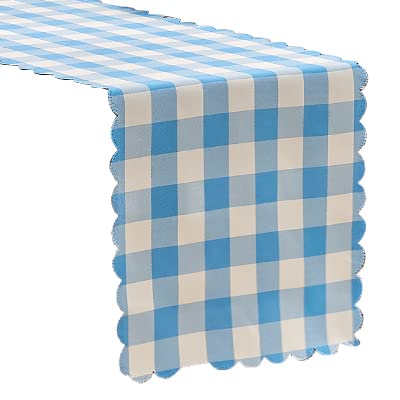 Gingham Sky Blue-scalloped-yarn Dyed-table Runner