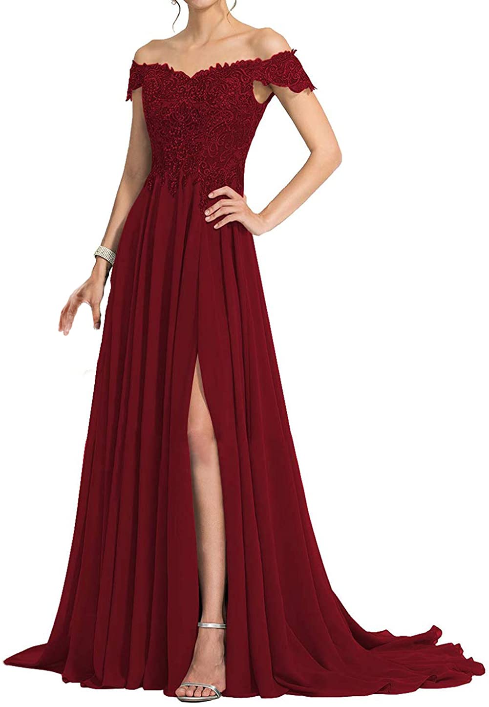 Elegant Off Shoulder Mother of The Bride Dress - Long Chiffon Lace Formal Evening Gown with Side Slit for Wedding, Prom & Special Occasions