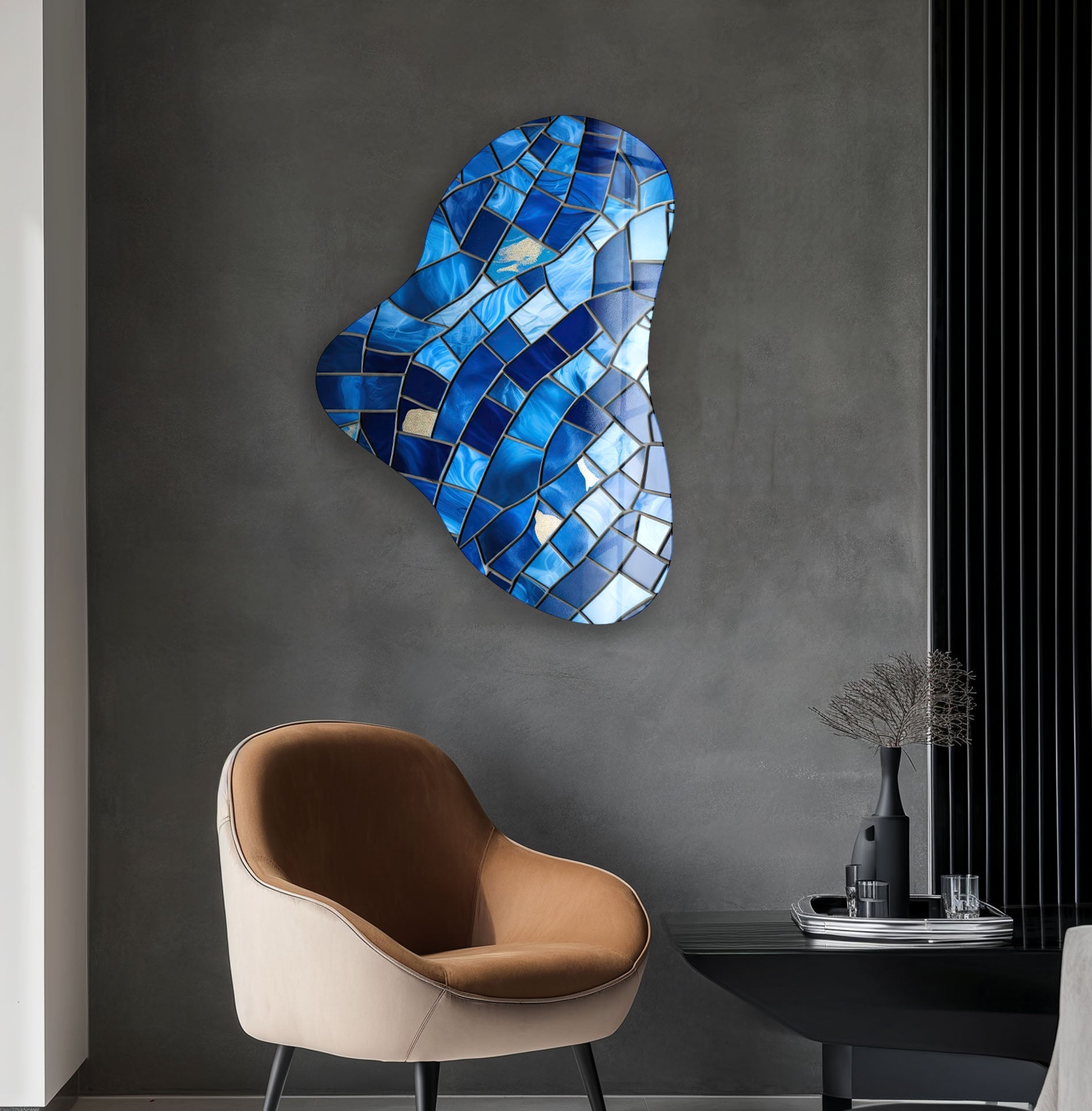 Handmade Blue Stained Asymmetrical Glass Wall Art - Modern Abstract Home Decor for Living Room, Bedroom & Office