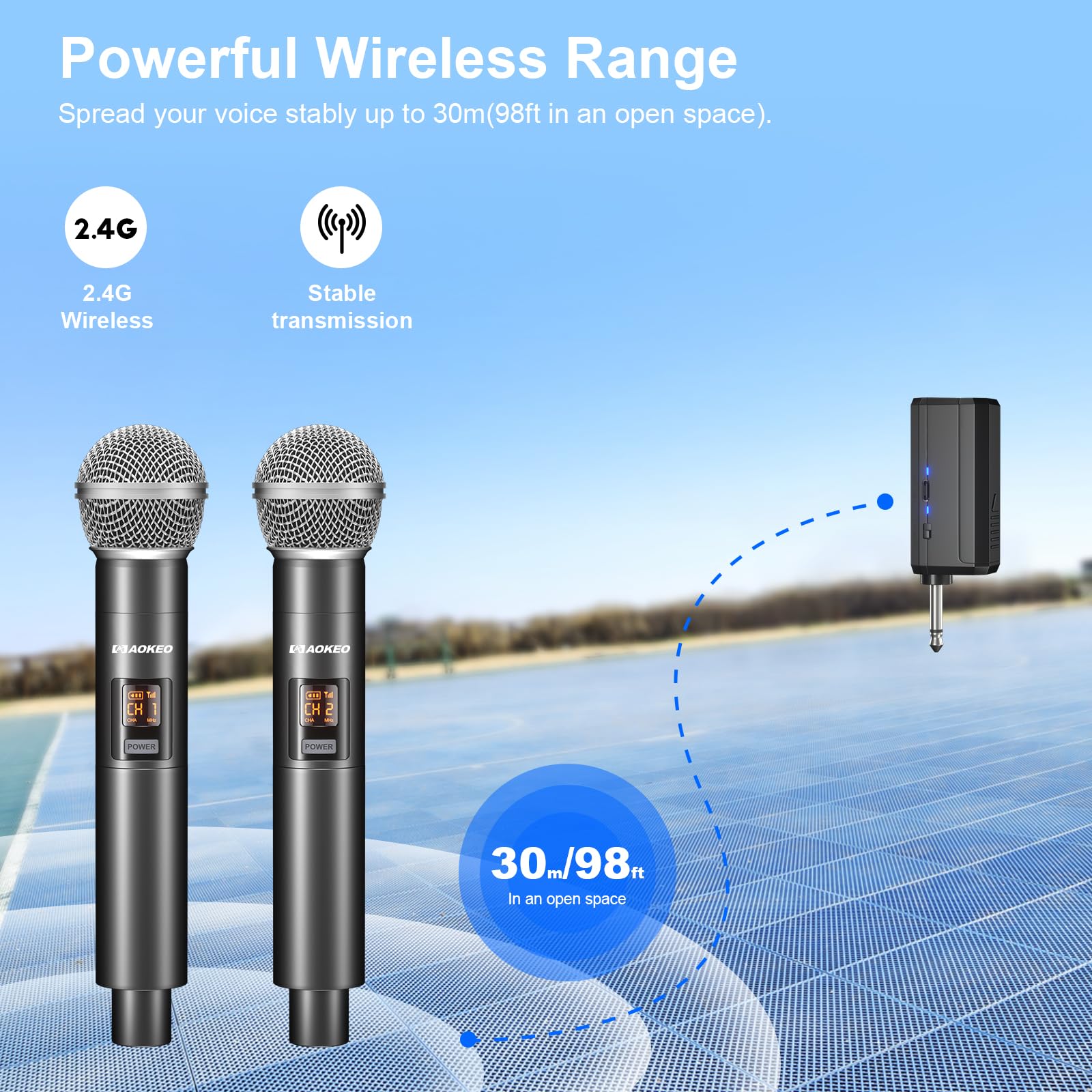 Aokeo UHF Wireless Microphone System - Rechargeable Handheld Dynamic Mic with 160ft Range & 4-Hour Battery Life for Karaoke, Church, Live Performances, Public Speaking & Events - Compatible with Amplifiers, Mixers & PA Systems
