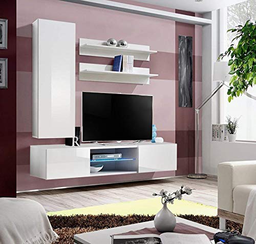 Modern White Wall-Mounted TV Stand with Storage Shelves & LED Lights - 33
