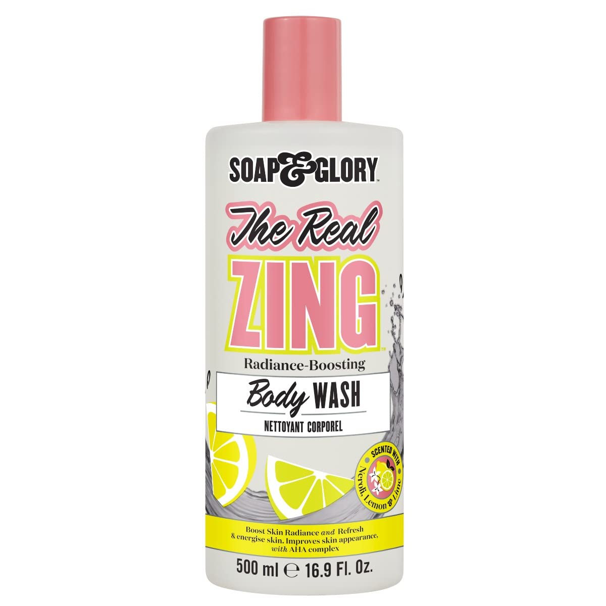 Soap & Glory The Real Zing Radiance Boosting Body Wash - Exfoliating & Hydrating Body Wash with AHAs - Citrus Scented Moisturizing Shower Gel for Healthy Glowing Skin (500ml) - Perfect for Daily Shower & Spa Day at Home