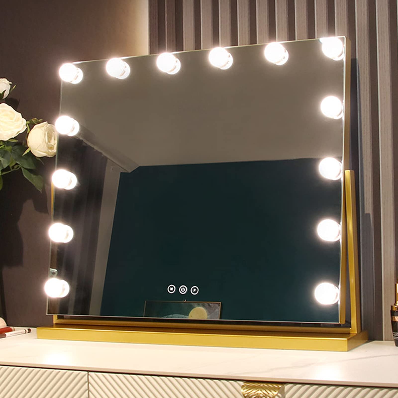 DSJGVN LED Makeup Mirror with Dimmable Lights - Touch Control Vanity Mirror with 360° Rotation, Golden Metal Frame (50x42cm) for Perfect Makeup Application at Home & Professional Salon Use