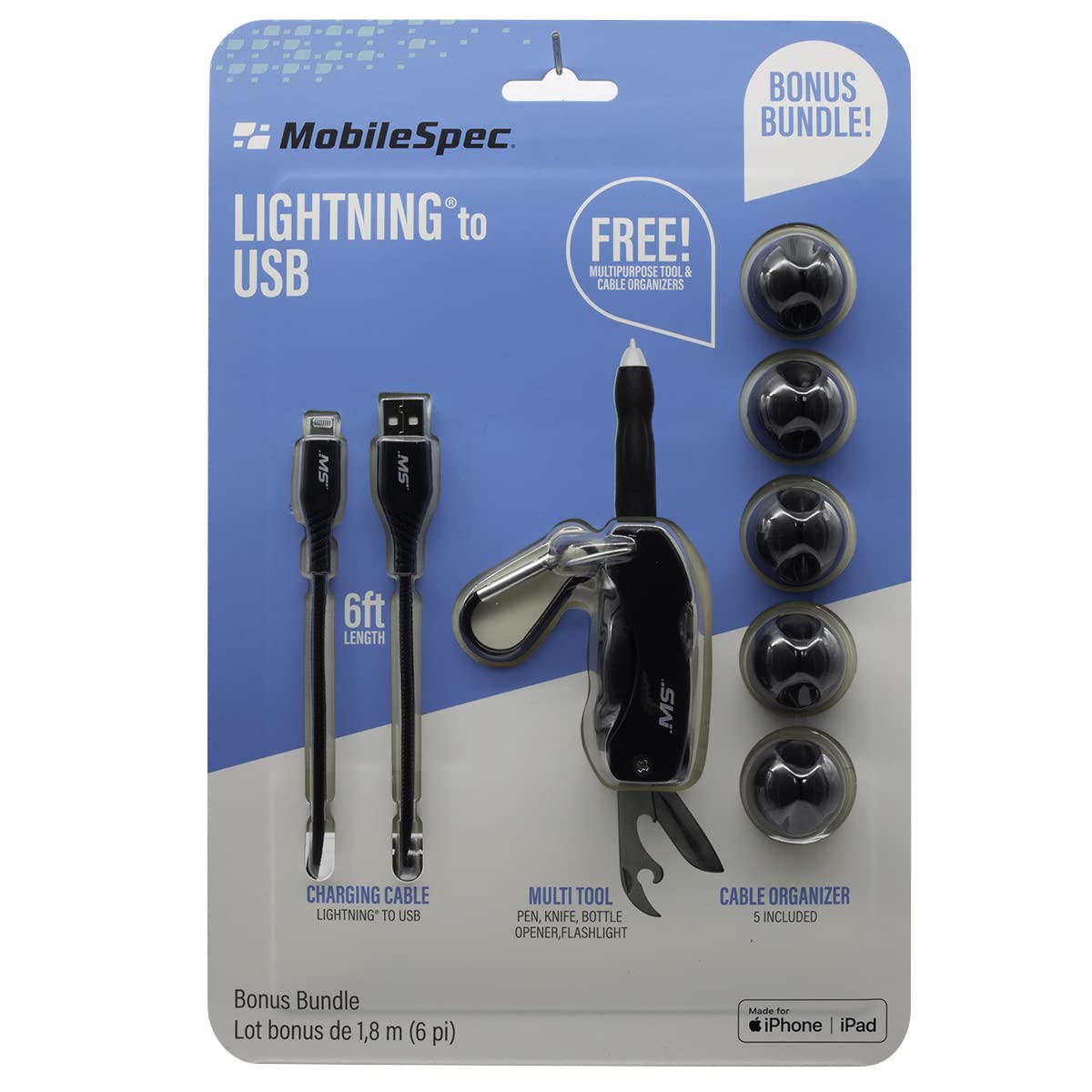 MobileSpec MBSV02102 6ft Lightning to USB Cable - 3-in-1 Multi-Tool Value Pack for iPhone Charging, Data Sync & Travel Use