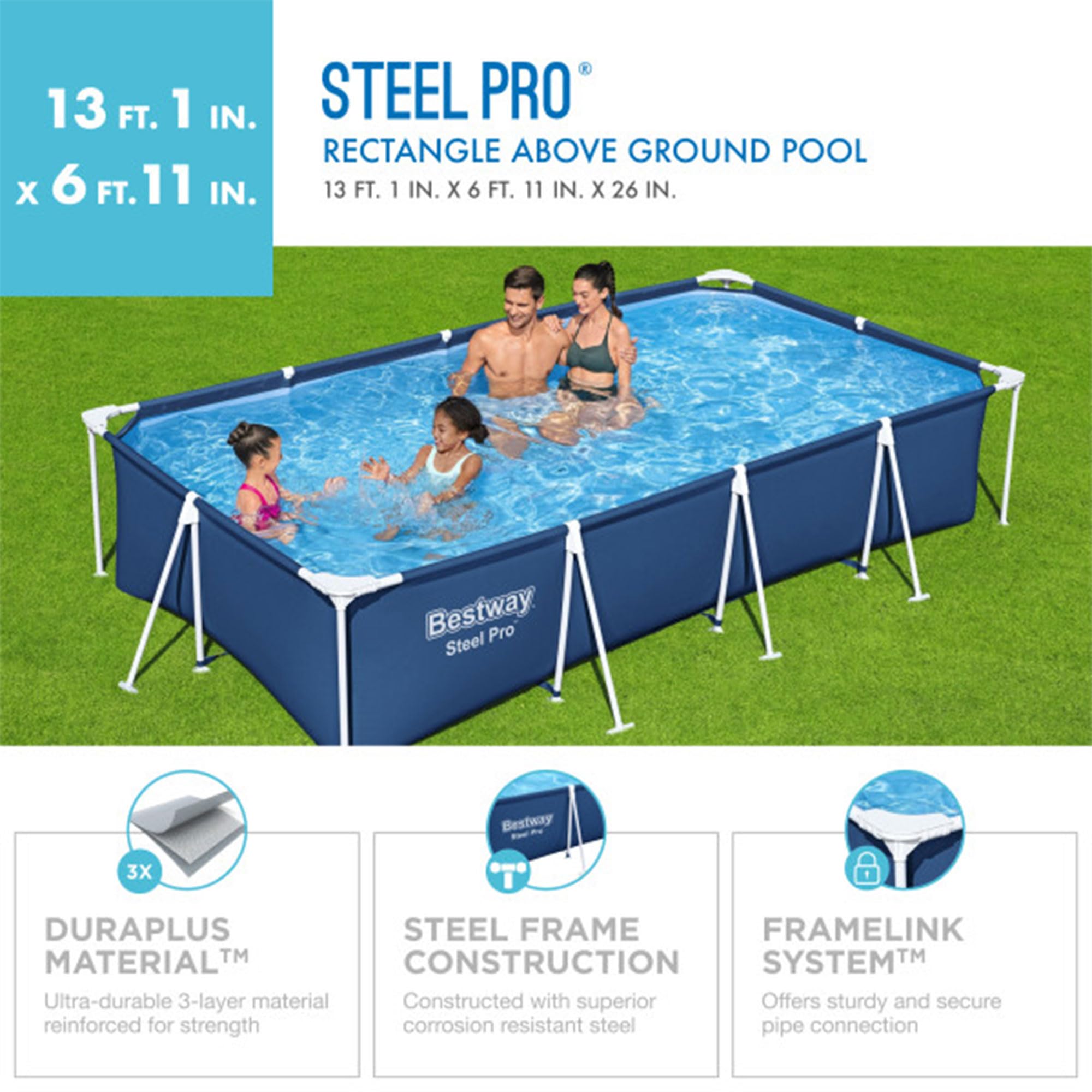 Bestway Steel Pro 13ft x 32in Rectangular Above Ground Outdoor Pool - Heavy Duty Steel Frame & Vinyl Liner - 1,506 Gallon Capacity - Perfect for Backyard Fun, Family Gatherings & Summer Cooling - Blue
