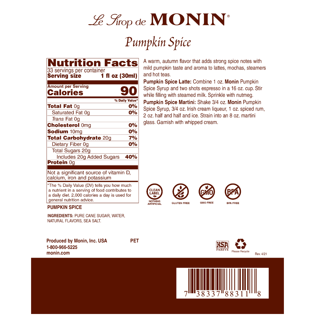 Monin Pumpkin Spice Syrup - Premium Coffee & Cocktail Flavoring Syrup for Fall Drinks, Baking & Desserts | Perfect for Lattes, Pumpkin Spice Lattes, Cocktails & Holiday Recipes