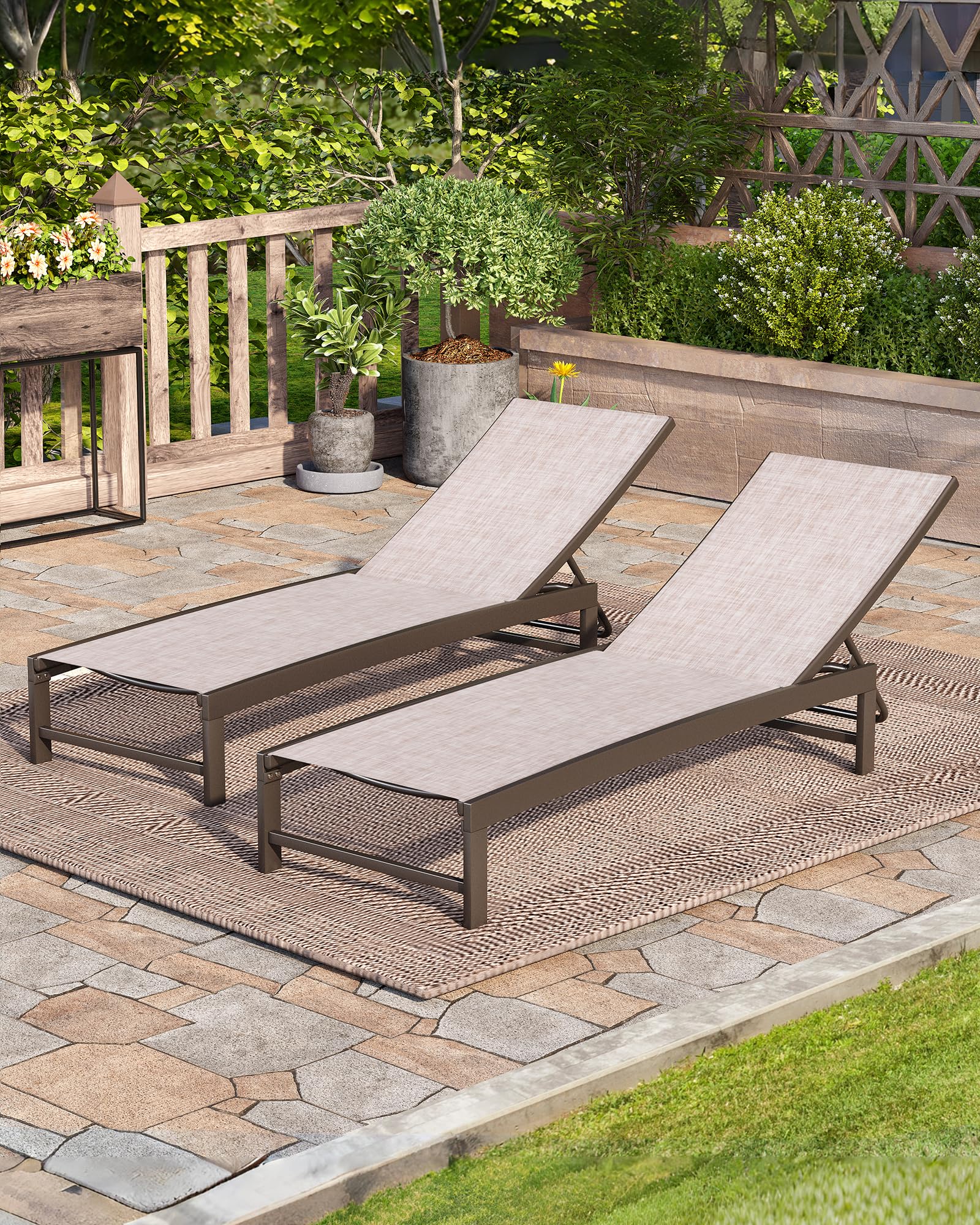 Crestlive 2-Piece Outdoor Lounge Chair Set - Aluminum Pool Chaise Lounge Chairs with 5-Position Adjustable Recliner, All-Weather Patio Furniture for Beach, Yard & Poolside Relaxation (Beige) | Perfect for Sunbathing, Lounging by the Pool or Backyard Relaxation