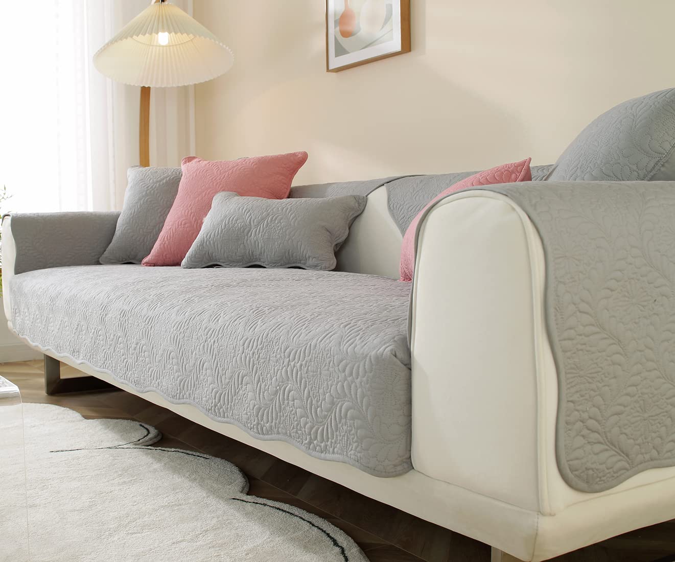 VCTOPS Embroidered Cotton Quilted Sofa Cover - Non-Slip Washable Furniture Protector for Sectional Couches, Farmhouse Style (Light Gray, 28