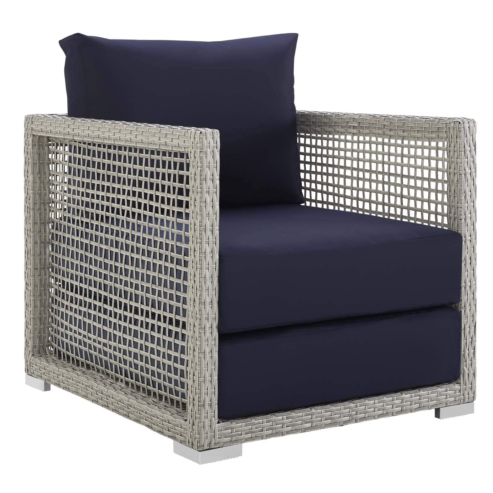 Modway Aura Outdoor Patio Furniture Set - Wicker Rattan Sofa, Loveseat, Armchair & Coffee Table in Gray Navy - Perfect for Backyard, Garden, Poolside & Patio Relaxation