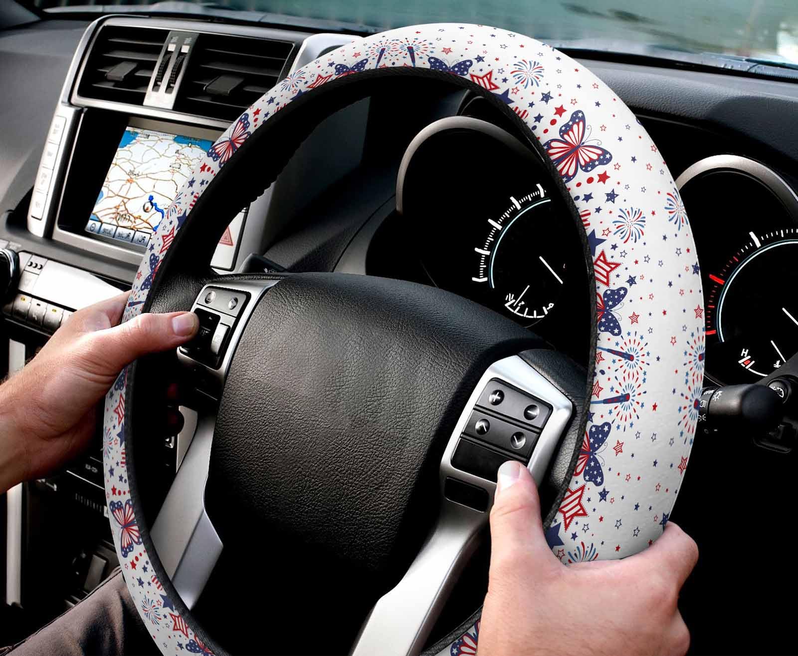 4th of July Patriotic Steering Wheel Cover - Red, Blue & Stars Design with Firework & American Flag Print - Non-Slip Elastic Sponge Grip for Cars, SUVs, Trucks & Vans - Perfect for Independence Day Celebrations & Road Trips