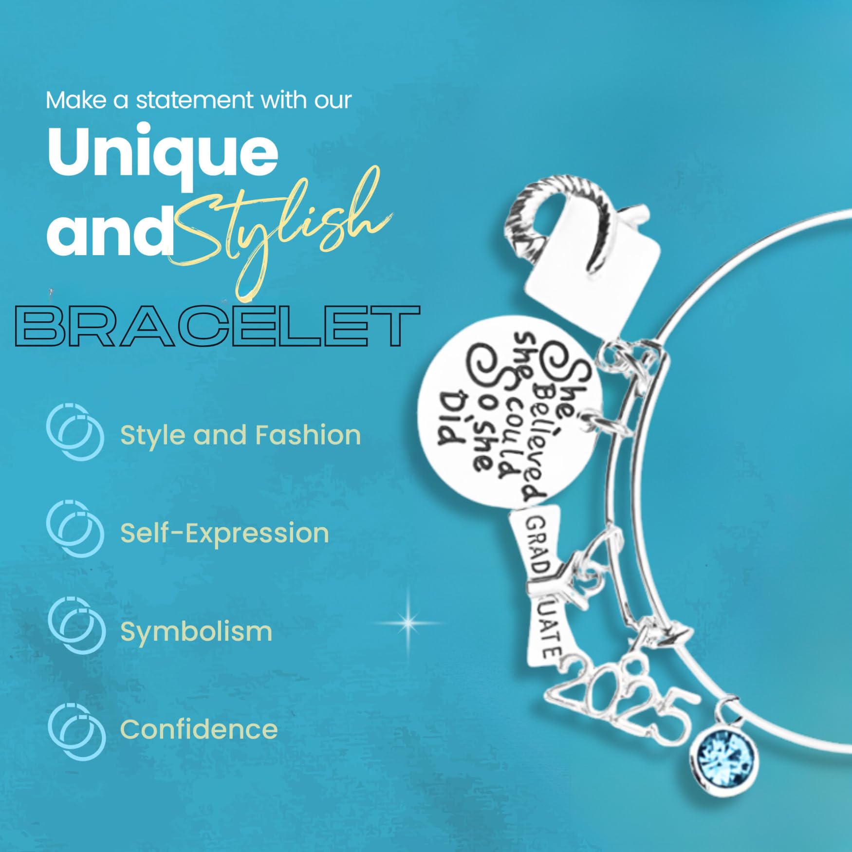 Personalized 2025 Graduation Bangle Bracelet with Birthstone Charm - She Believed She Could So She Did Inspirational Jewelry Gift for Graduates | Perfect for High School & College Graduation Ceremonies, Commencement Gifts & Achievement Celebrations
