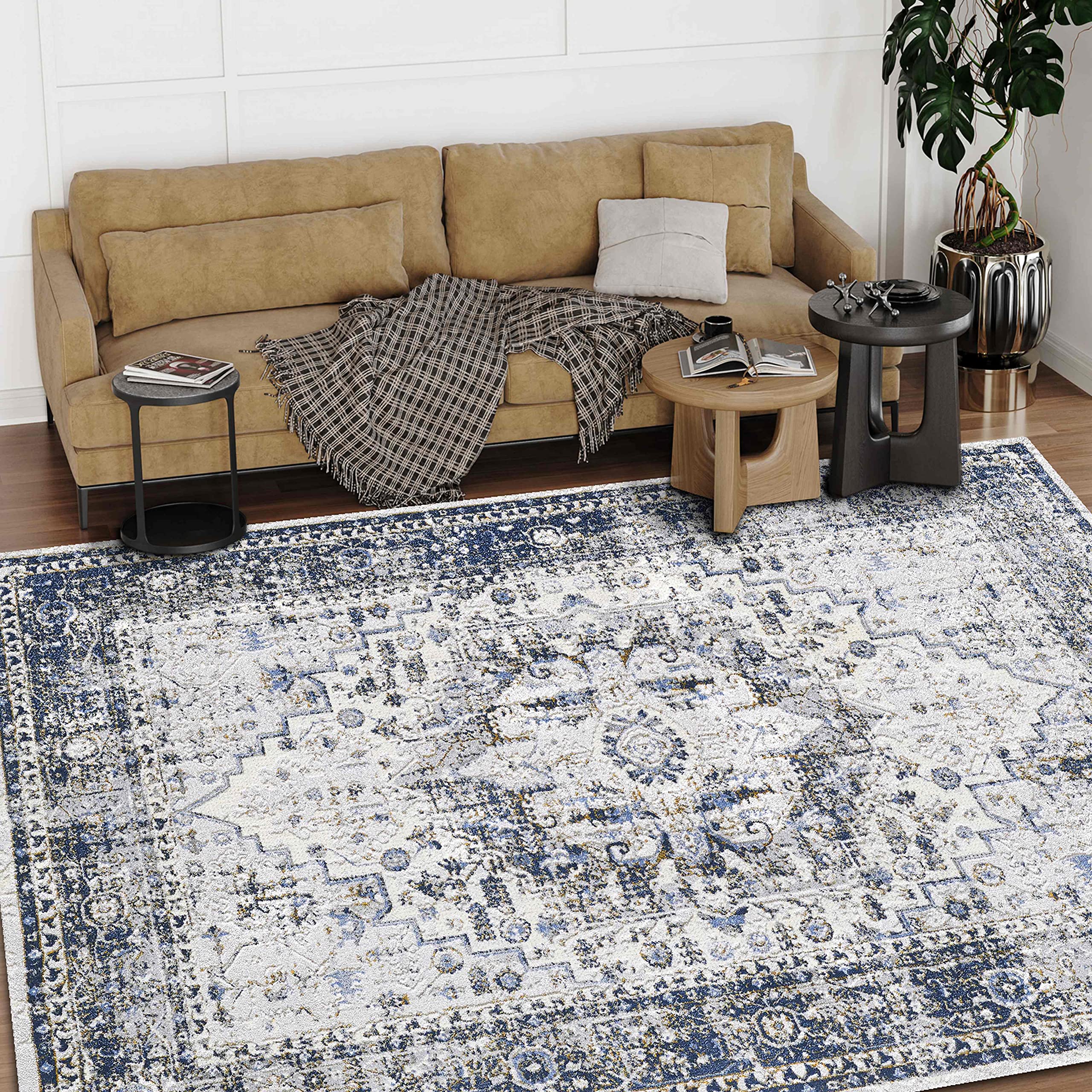 Bohemian Rugs Traditional Handmade Gray Navy Blue Bone Multi-Color Luxury Living Room Carpet - Ultra Soft Thick Pile Non-Shedding Area Rug for Boho Chic Home Decor, Bedroom & Cozy Spaces