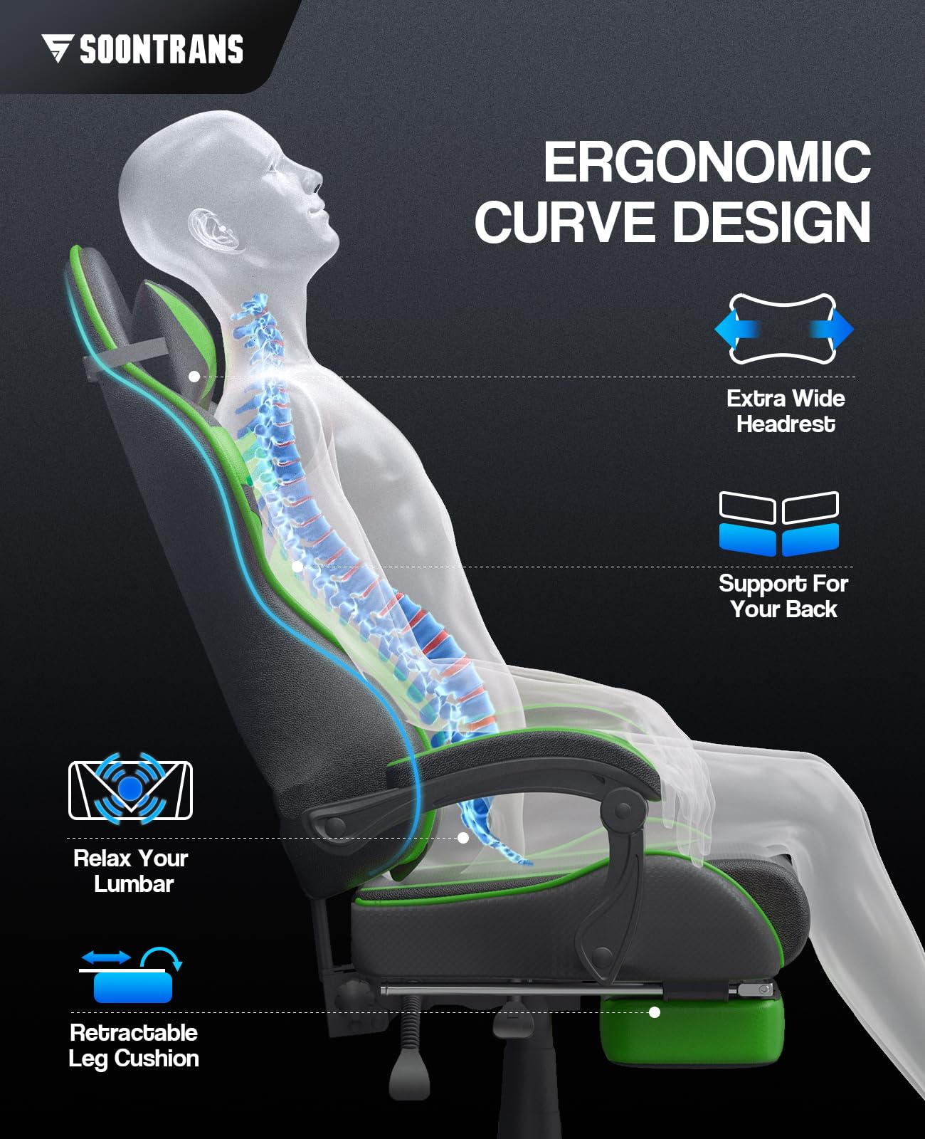 Soontrans Ergonomic Gaming Chair with Adjustable Headrest & Lumbar Support - Racing Style Computer Gamer Chair with Footrest (Jungle Green) - Perfect for Esports, Streaming & Home Office Setup
