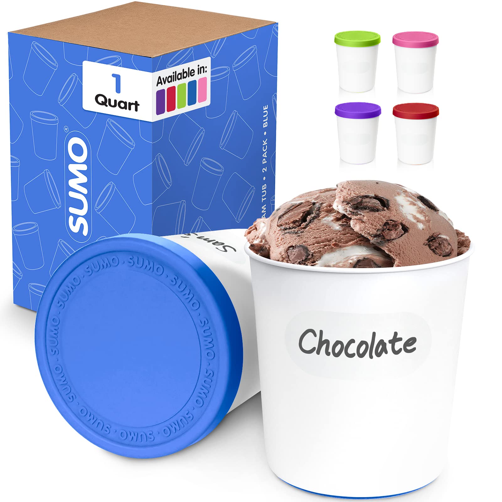 SUMO Reusable 1 Quart Ice Cream Containers for Homemade Gelato & Sorbet - Freezer Safe Storage with Lids & Erasable Labels (2-Pack, Blue) - Perfect for DIY Desserts, Party Treats & Bulk Food Storage