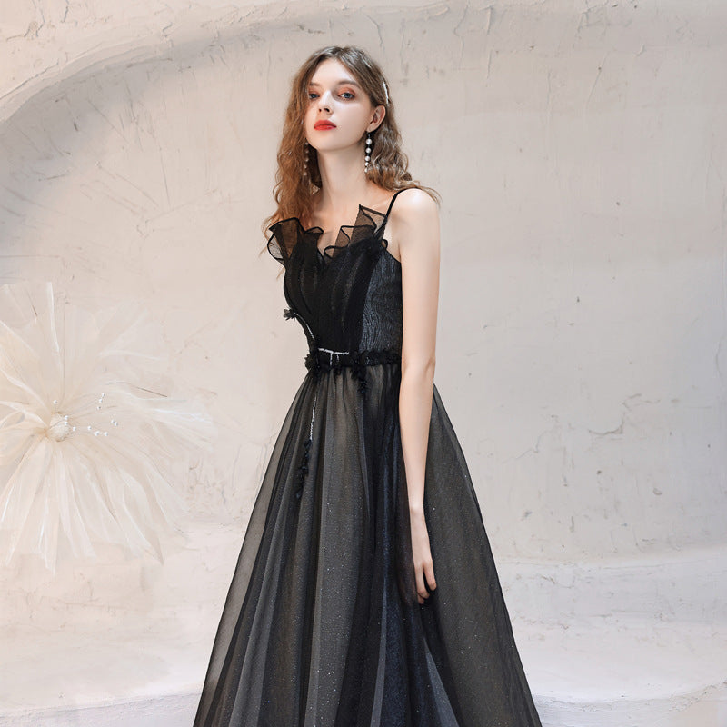 Elegant Black Tulle Long Prom Dress with Spaghetti Straps | Formal Evening Gown for Homecoming, Wedding & Special Occasions | Style 147