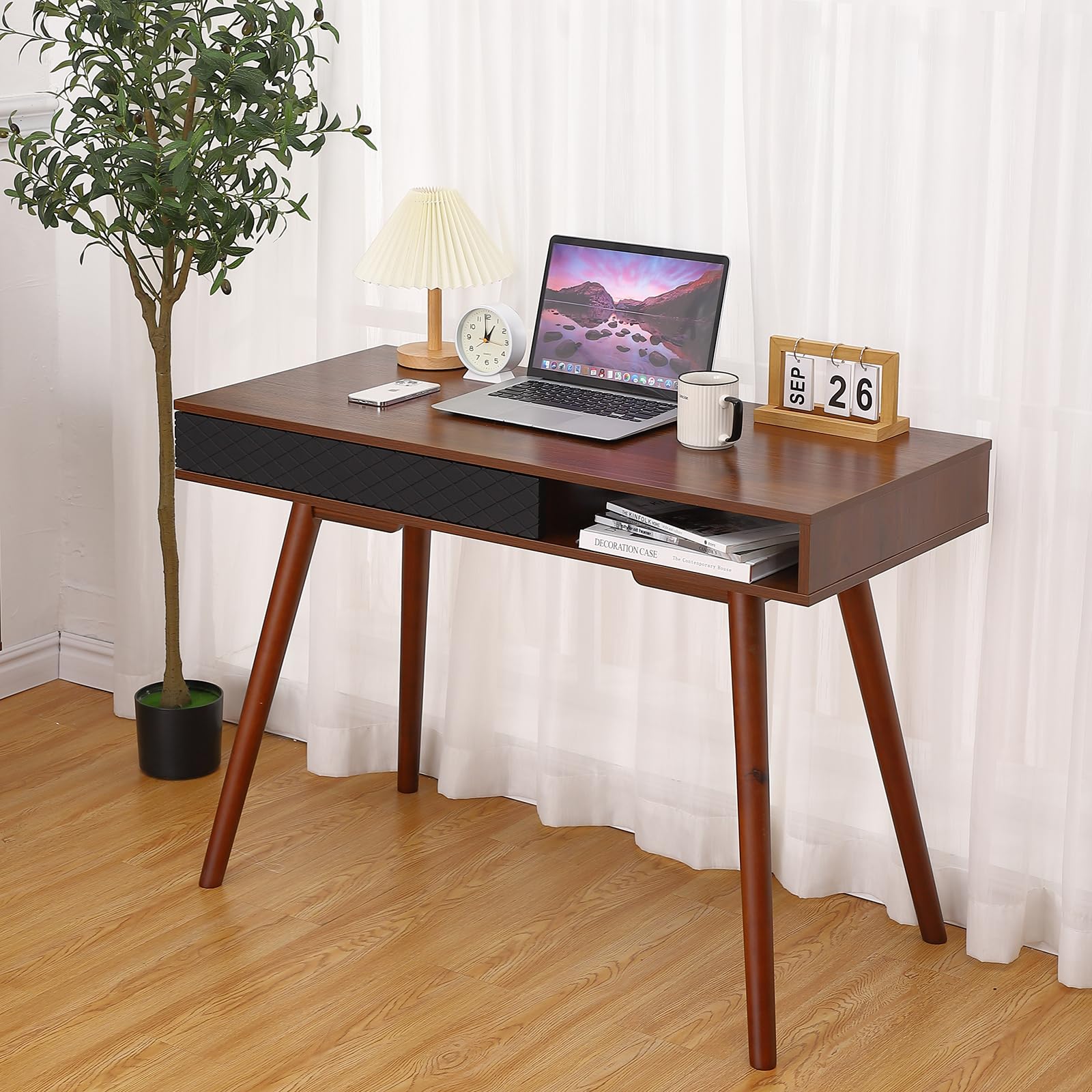 GARVEE 31 Inch Walnut Writing Desk - Mid Century Modern Home Office Desk with Drawers, Sturdy Wooden Study Desk for Small Spaces | Perfect for Home Office, Study Room & Workspace