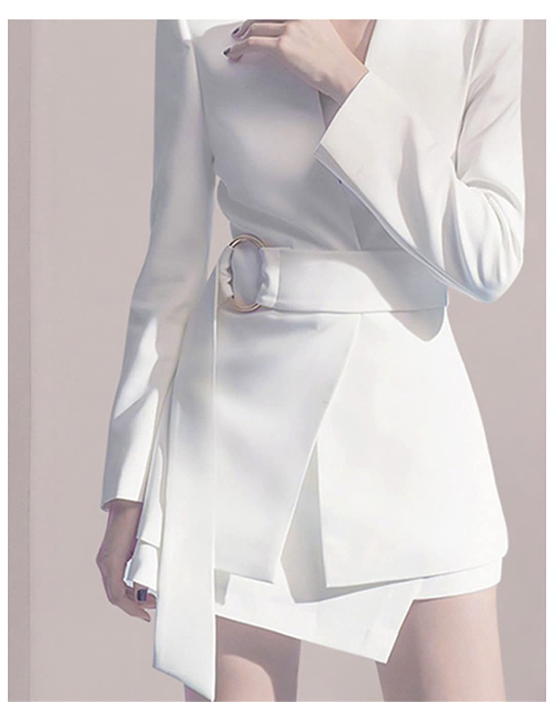Women's Asymmetrical Blazer Dress with Belt - Long Sleeve Suit Jacket & Skirt 2-Piece Set for Fall/Winter Office Wear, Business Casual Outfits, and Special Occasions