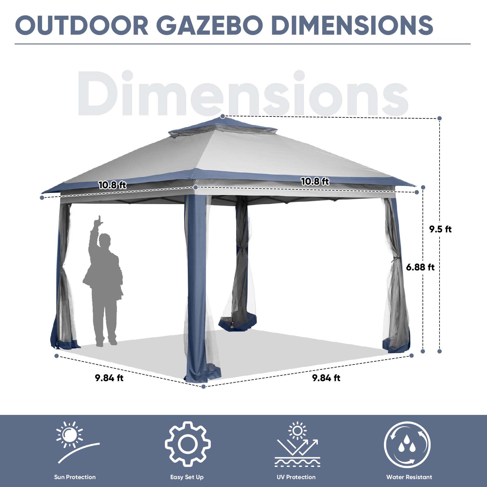 11x11 FT Heavy Duty Gazebo Tent with Mosquito Netting - Adjustable Height Folding Canopy for Outdoor Parties, Patio, Backyard & Garden - Perfect for BBQs, Camping & Summer Gatherings