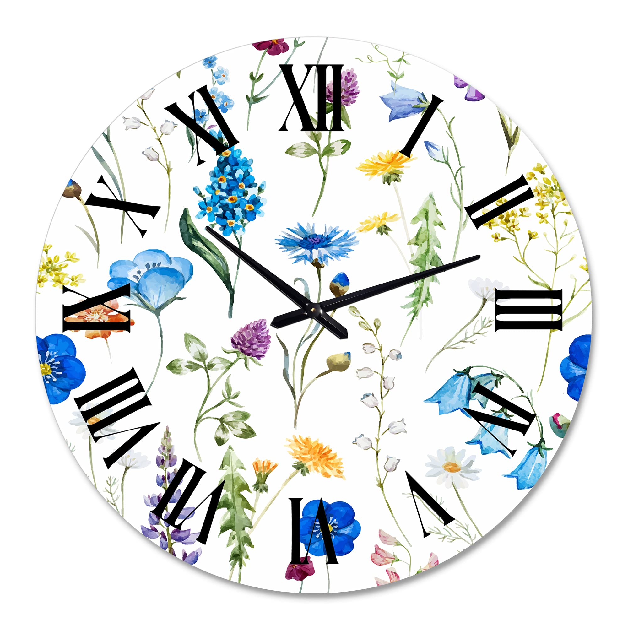 Blue Wild Flowers Large Wall Clock - Traditional Floral & Botanical Decor for Living Room, Bedroom, Office | Silent Non-Ticking Home & Office Décor
