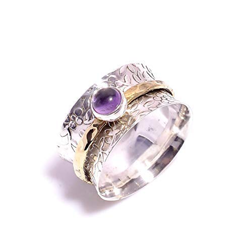 Handmade 925 Silver Amethyst Gemstone Spinner Ring for Women - Meditation, Fidget Ring, Two-Tone Jewelry Gift for Girlfriend, Wife, Sister | Perfect for Stress Relief, Anxiety, Yoga & Mindful Relaxation