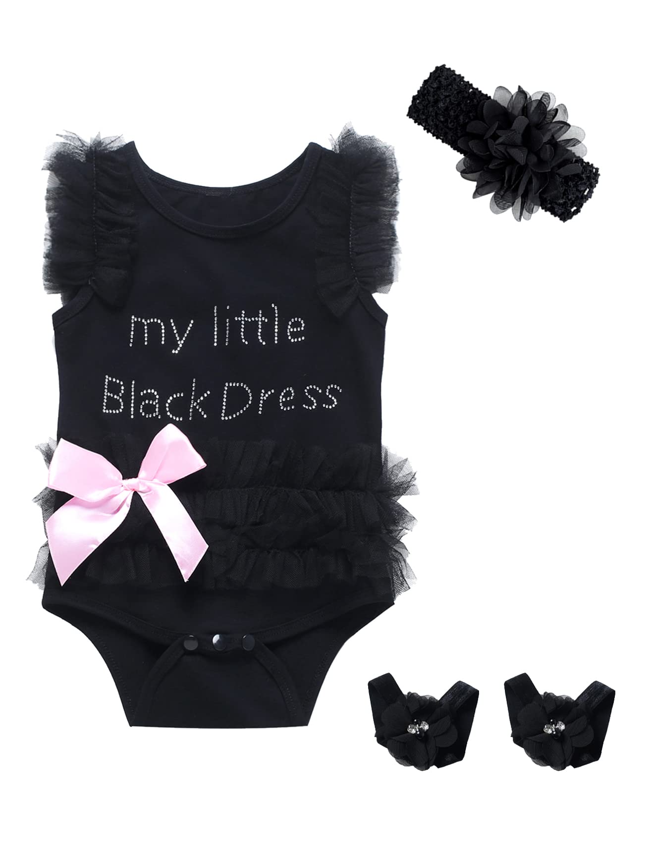 3-Piece Newborn Baby Girl Outfit - Black Lace Tutu Dress & Summer Bodysuit with Headband | Cute Infant Fashion for Photoshoots, Parties & Special Occasions