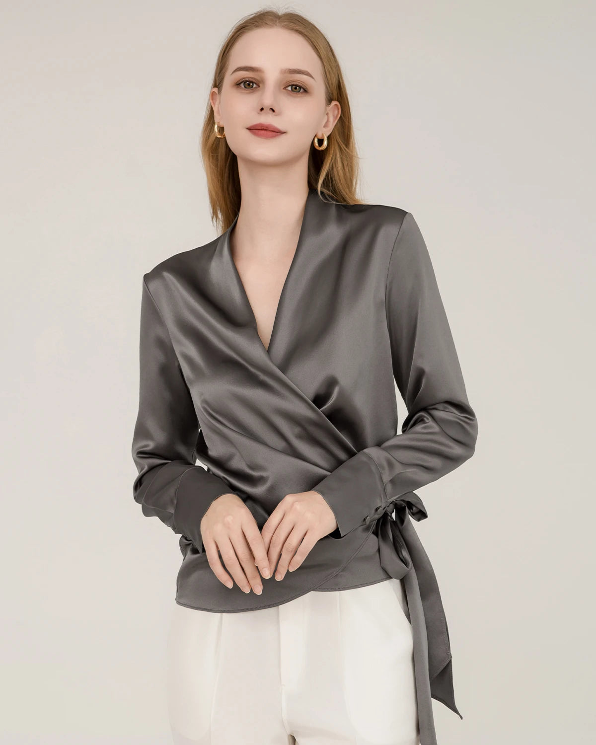 Elegant Fitted Silk Wrap Blouse for Women - Soft & Luxurious Long Sleeve Shirt - Perfect for Office, Date Night & Special Occasions