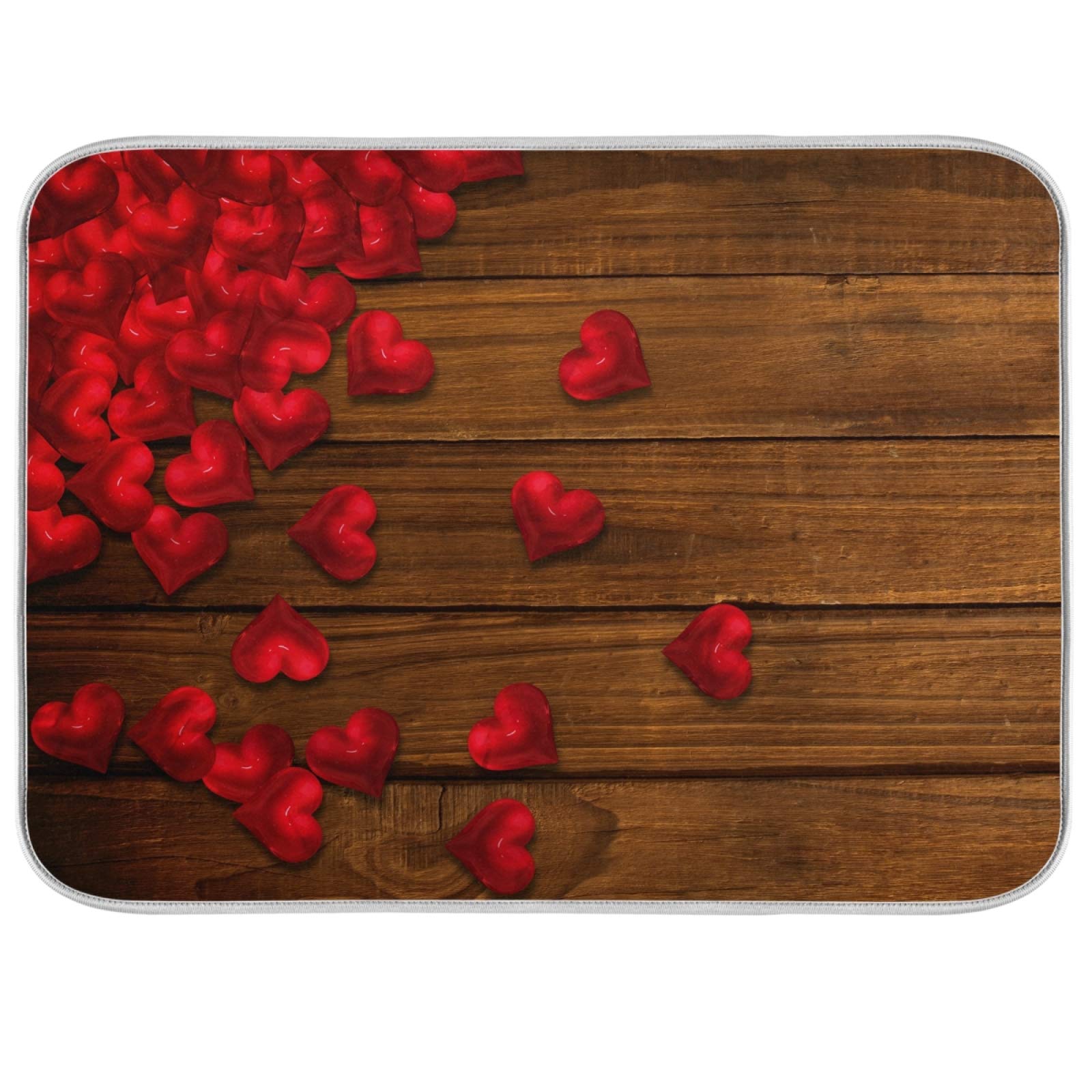 Premium Microfiber Dish Drying Mat - 18x16 Inch Absorbent Kitchen Counter Mat with Red Heart Design on Wooden Board, Reversible Dish Drainer for Plates & Bottles | Perfect for Kitchen Countertops, Sink Areas & Dish Drying Stations