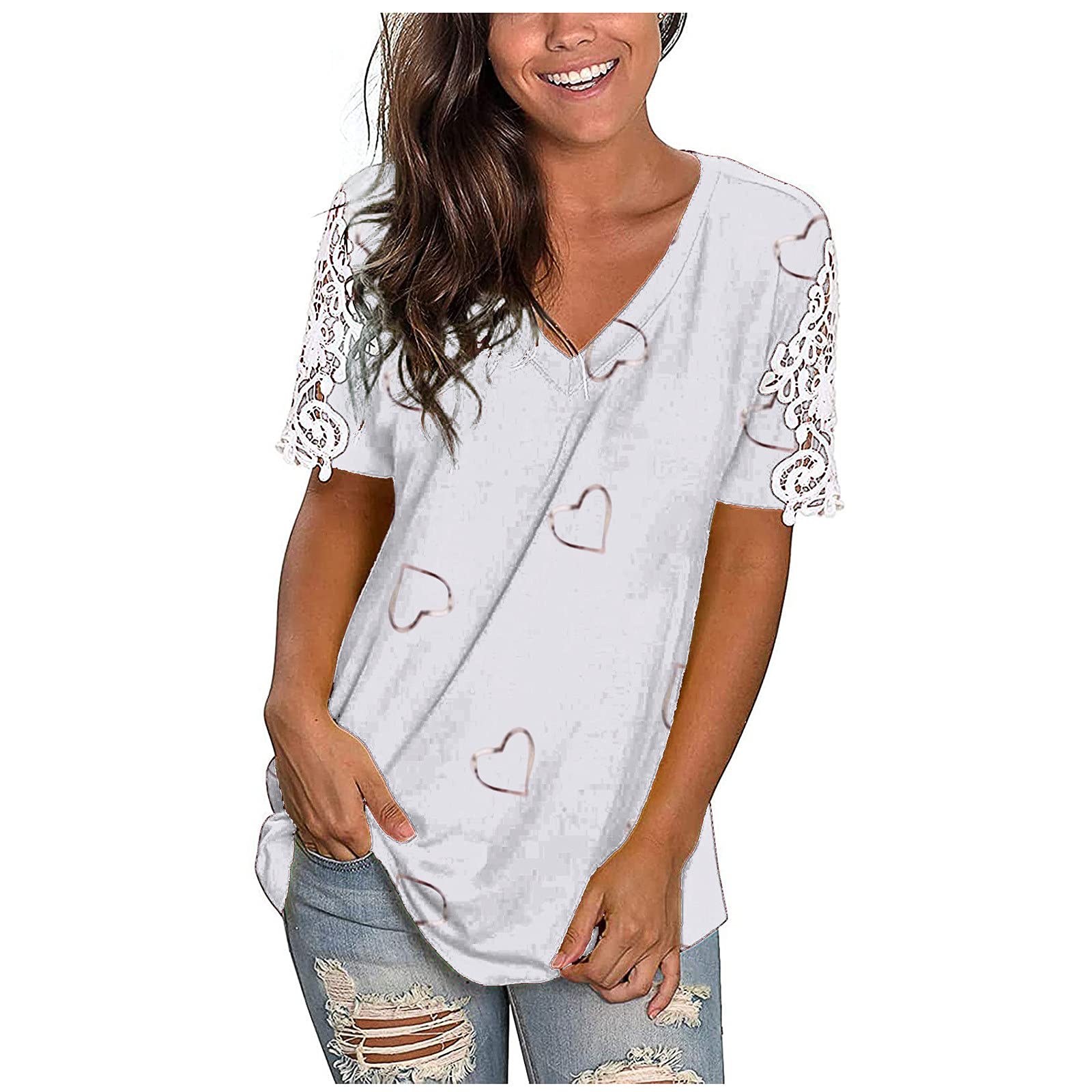 Women's Butterfly Graphic Lace Short Sleeve V-Neck Blouse - Loose Casual Summer T-Shirt | Comfortable Tee for Daily Wear, Beach Outings & Street Fashion