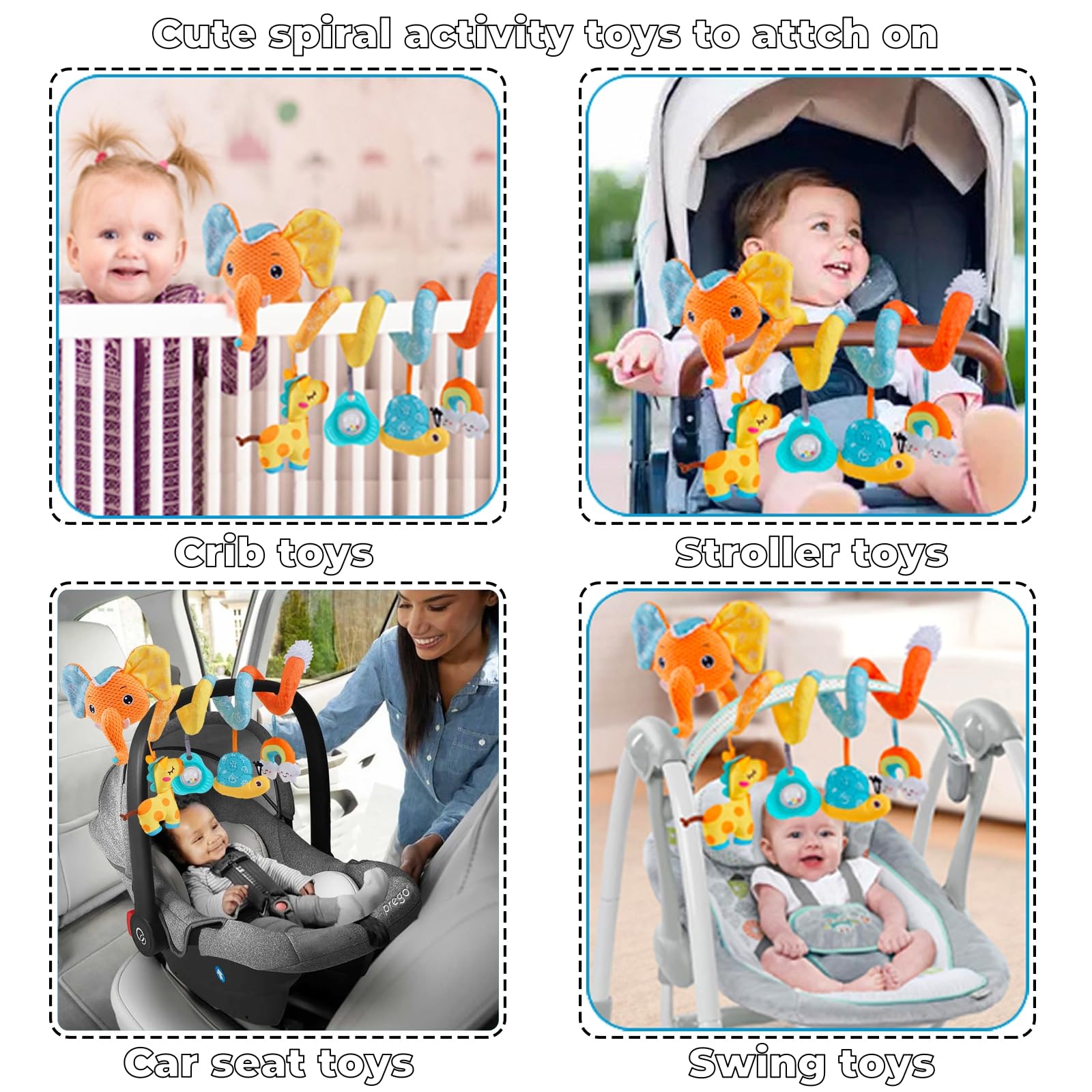 Best Baby Car Seat & Stroller Toys for Infants 0-12 Months - Spiral Activity Developmental Toy with Music Box, Rattle & Squeaker - Orange Elephant Design - Perfect for Crib, Stroller & Travel
