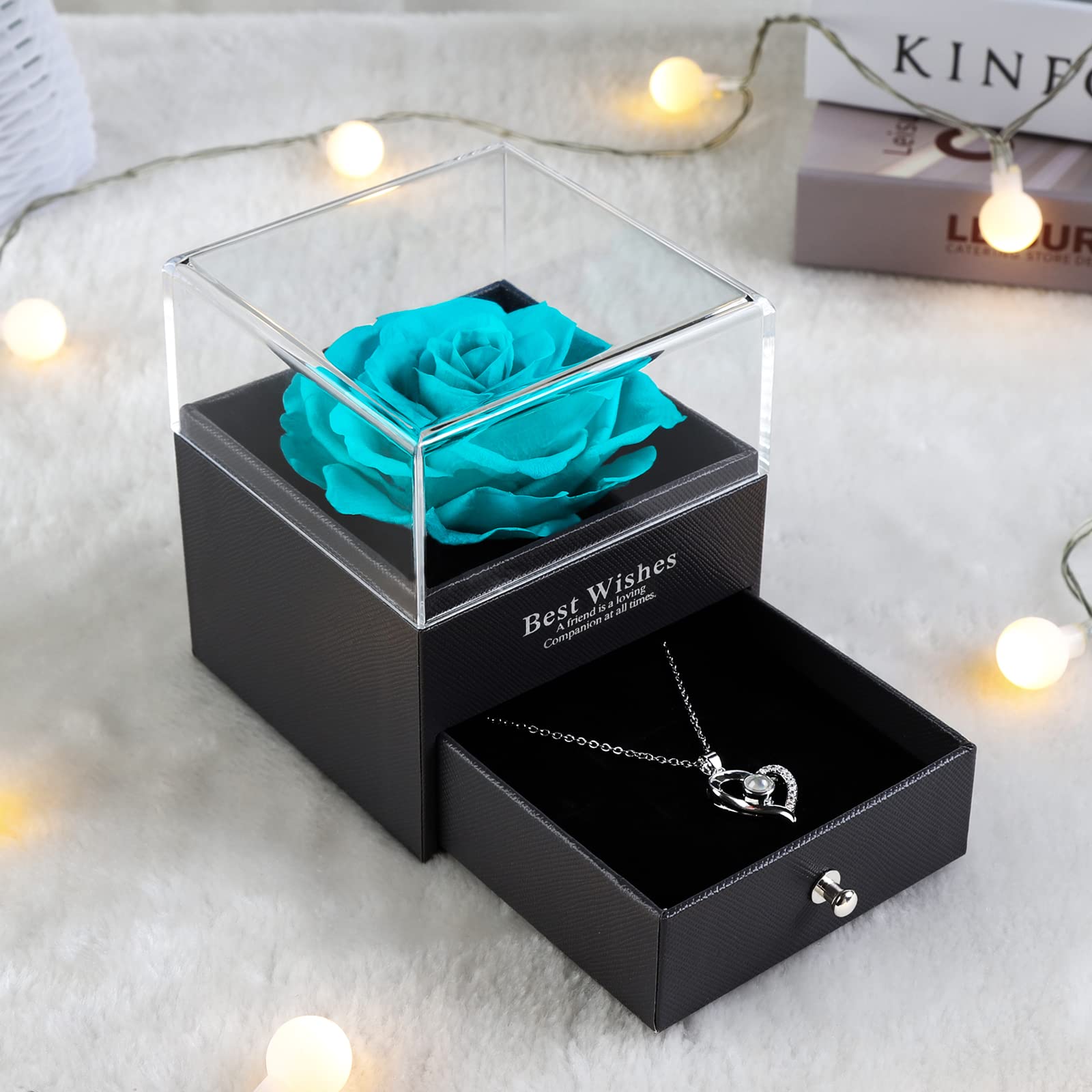 Handmade Eternal Preserved Real Rose in Gift Box with Heart Necklace - Perfect Mother's Day, Birthday, Anniversary & Wedding Gift for Wife & Women - Romantic Keepsake for Home Decor & Special Occasions