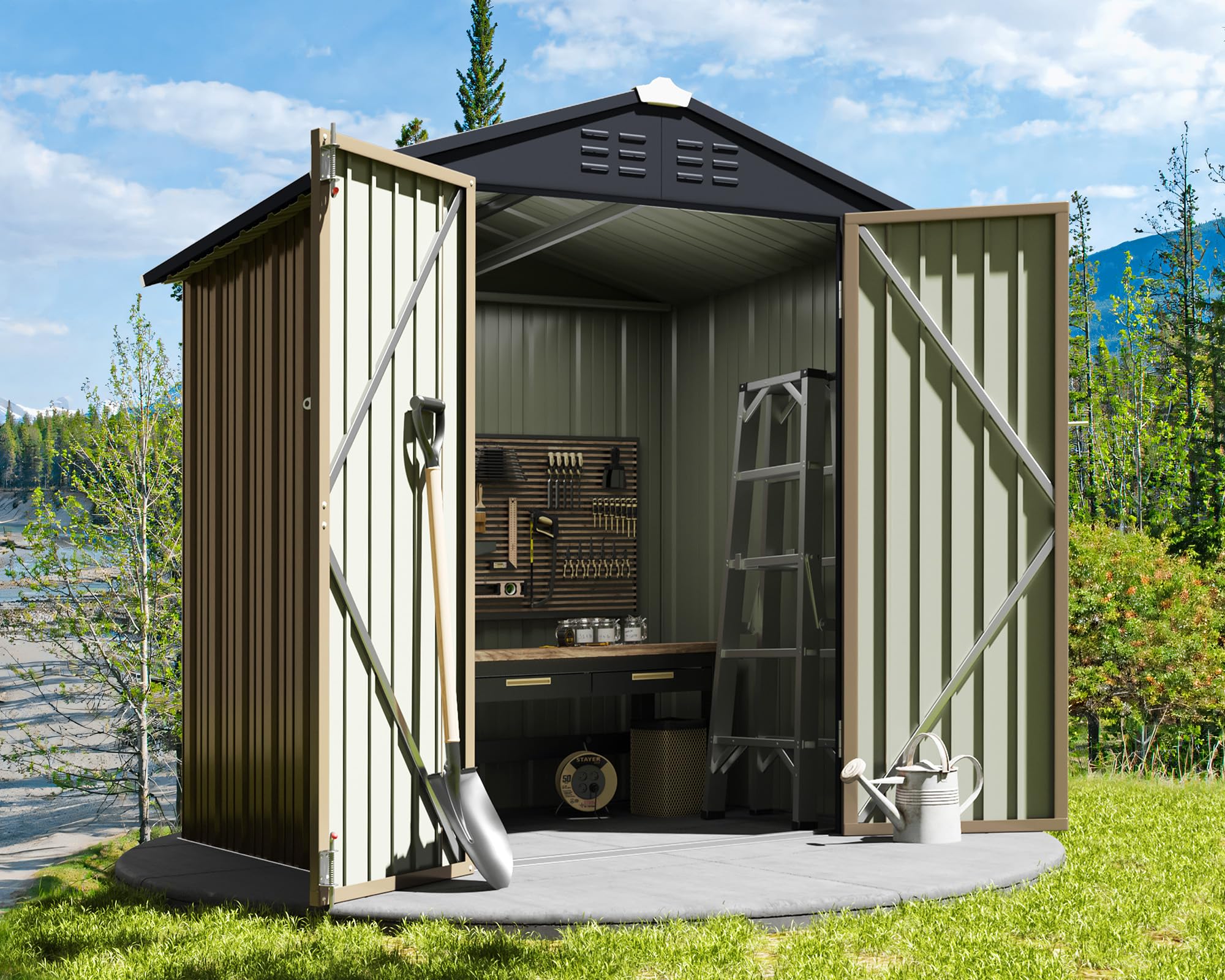 Greesum 6x4 ft Outdoor Storage Shed - Metal Utility Tool & Garden Shed with Lockable Door for Patio, Backyard & Lawn Organization (Brown) | Weatherproof Storage Solution for Gardening Tools, Equipment & Seasonal Items