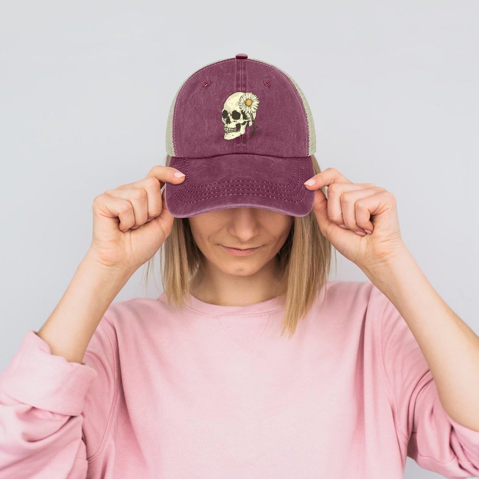 Funny Skull with Daisy Flower Denim Baseball Cap - Adjustable Sport Mesh Hat for Sun Protection - Perfect for Outdoor Activities, Sports, and Casual Wear