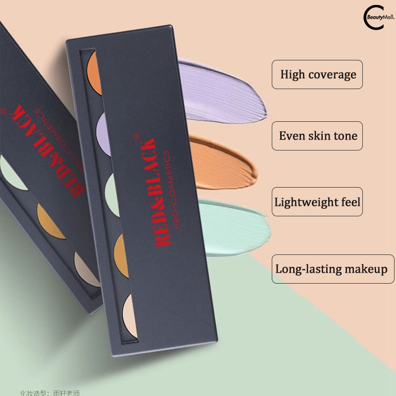 Red & Black 5-Color Concealer Palette - Full Coverage Makeup for Dark Circles, Blemishes & Contouring - Perfect for Everyday Use & Professional Makeup Artists