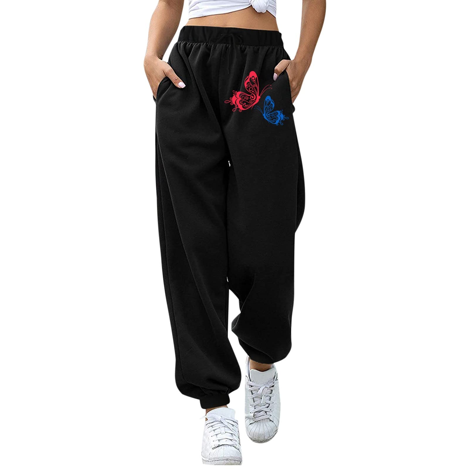 MFJESEAA Women's Wide Leg Pants - Mid Waist Black Butterfly Print Trousers | Loose Fit Casual & Office Wear | Comfortable Work Pants for Everyday Style | Perfect for Business, Travel & Relaxation