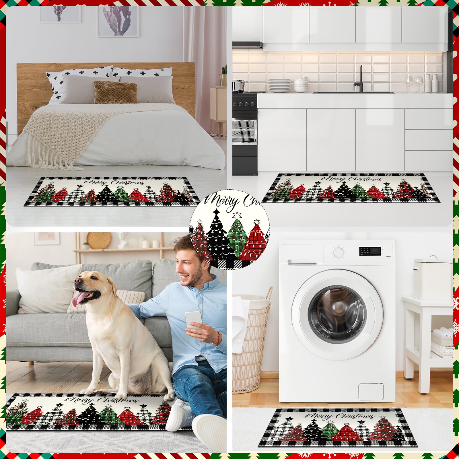 Ceenna Christmas Kitchen Rugs Set of 2 - Non-Slip Buffalo Plaid Holiday Mats for Home Decor, 17