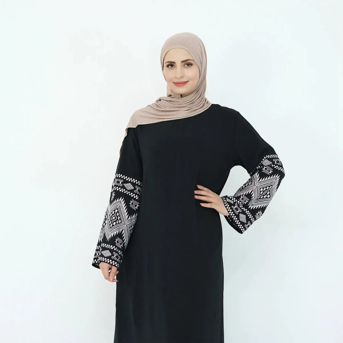 Elegant Embroidery Sleeve Abaya Dress #24877 - Modest Islamic Fashion for Women, Perfect for Prayer, Eid, and Special Occasions