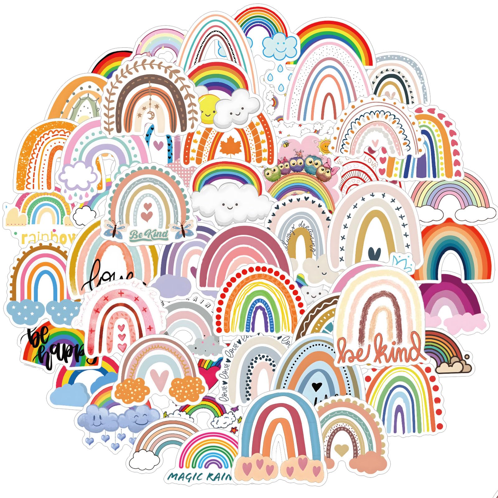 60 Pcs Rainbow Stickers - Colorful Waterproof Vinyl Decals for Water Bottles, Laptop, Luggage, Skateboard & Scrapbooking | Boho Aesthetic Stickers for Kids, Tablet, Cup & Notebook | Perfect for DIY Crafts, School Supplies & Personalizing Belongings