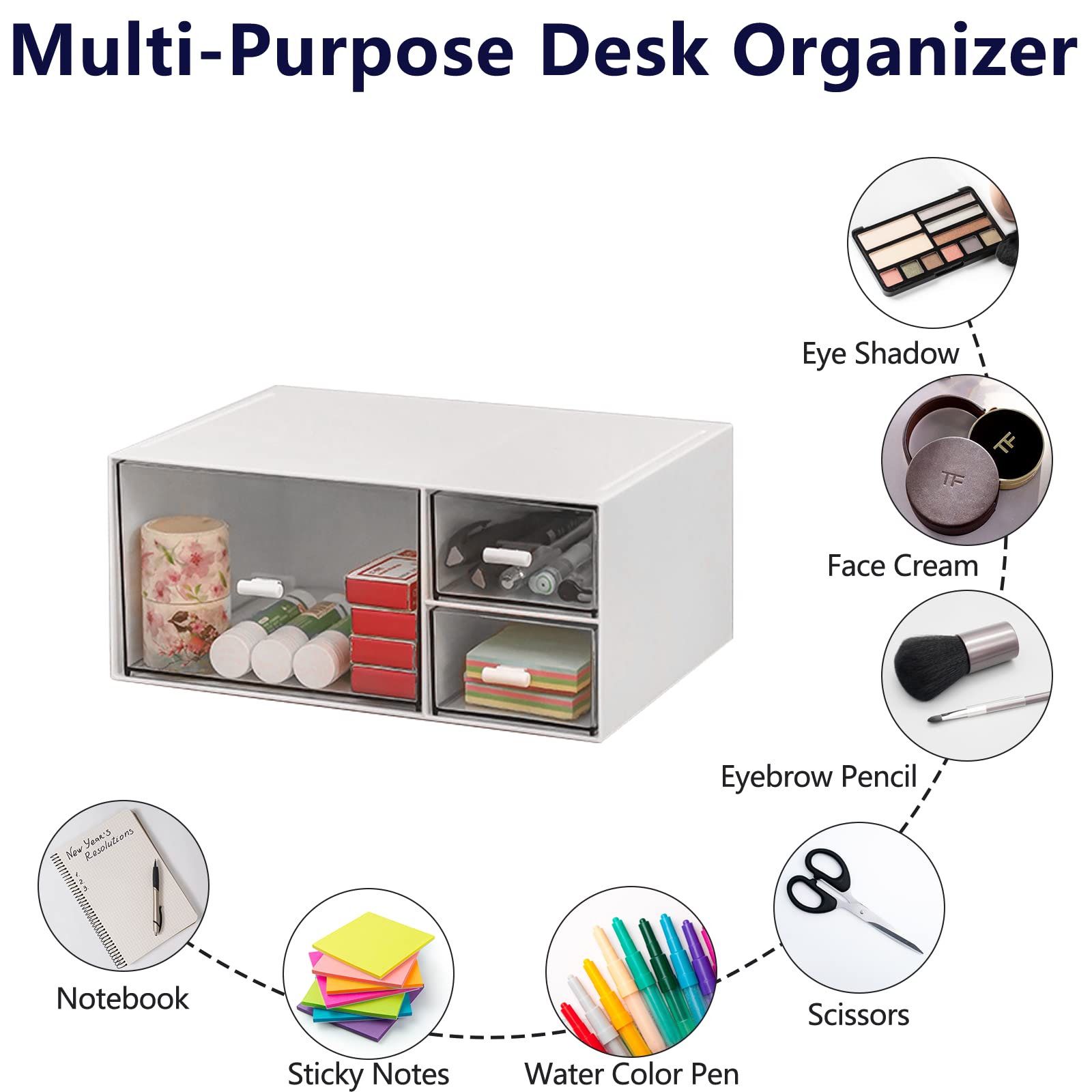 Stackable 3-Compartment Desk Organizer Drawers - White | Perfect for Office, Makeup & Bathroom Storage | Space-Saving Organization Solution for Home & Work