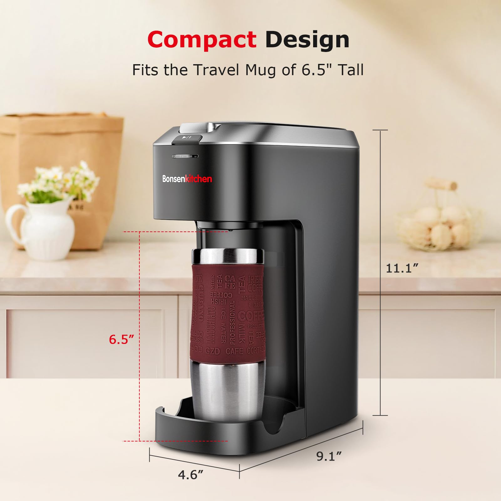 Bonsenkitchen Single Serve Coffee Maker for K-Cups, Fast Brewing & Space Saving - Perfect for Home & Office