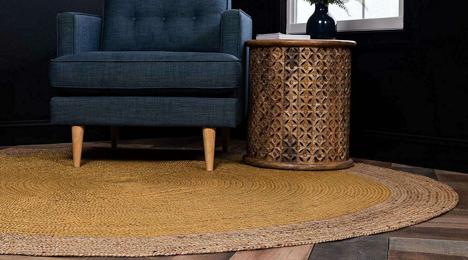 Handmade Natural Jute Round Farmhouse Rug - 9x9 Feet Braided Area Carpet for Living Room, Bedroom, Kitchen | Indoor & Outdoor Use | Boho Home Decor, Cozy Floor Mat for Patio & Dining Areas (Yellow)