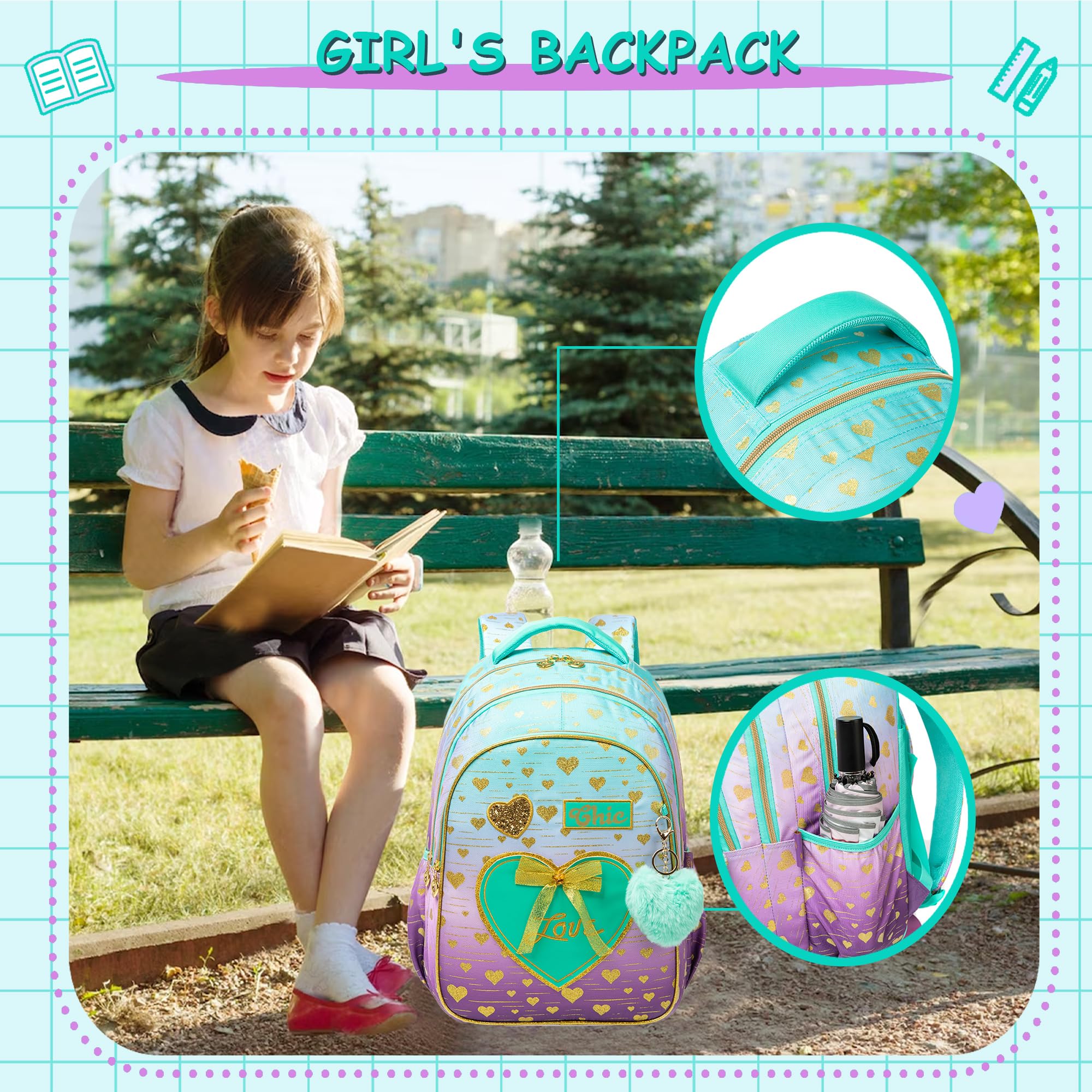 Meetbelify Girls Backpack for School - Durable Canvas Bookbag with Lunch Box for Elementary Students Ages 8-10 | Lightweight Travel & Laptop Backpack for Kids | Perfect for School, Travel & Daily Use