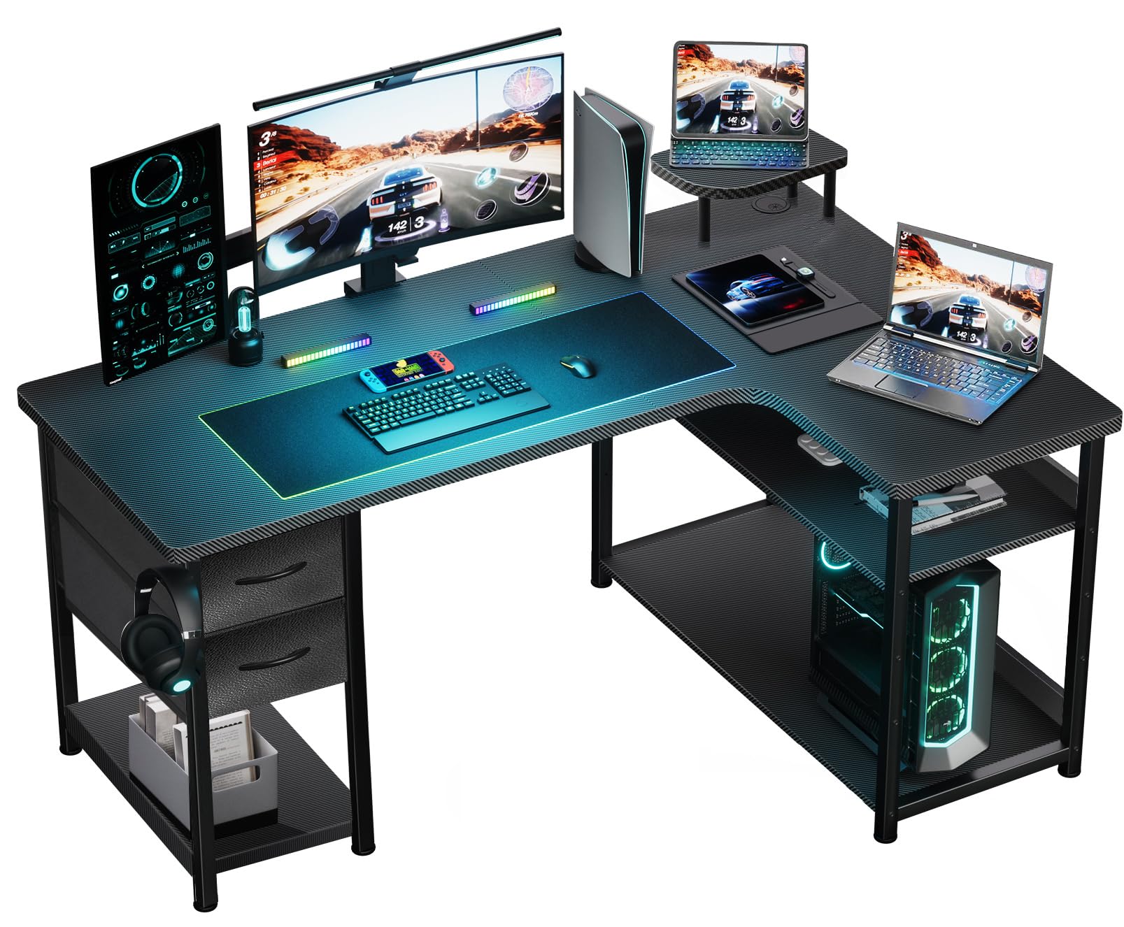 GTRACING L-Shaped Gaming Desk with Drawers - Carbon Fiber Style for Home Office & PC Setup
