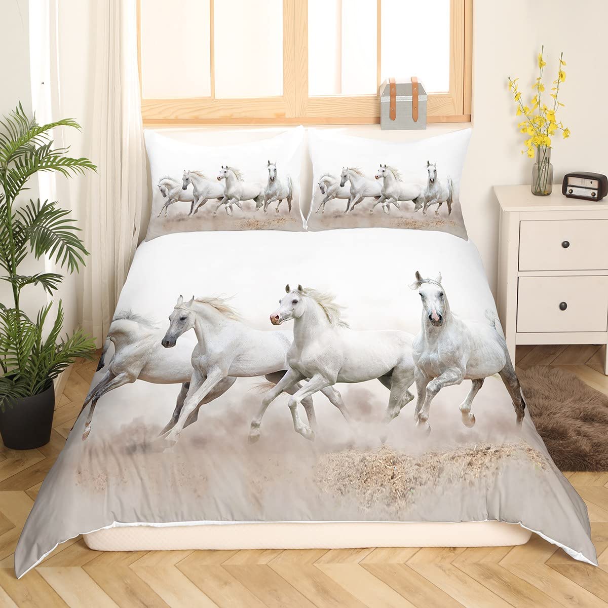 **Feelyou Boys Duvet Cover Set Twin - 3D Galloping Steeds Print Microfiber Comforter Cover for Kids & Teens, Wildlife Animal Bedding Set, Soft & Durable White Horse Design - Perfect for Bedrooms, Dorms, and Gift Giving**