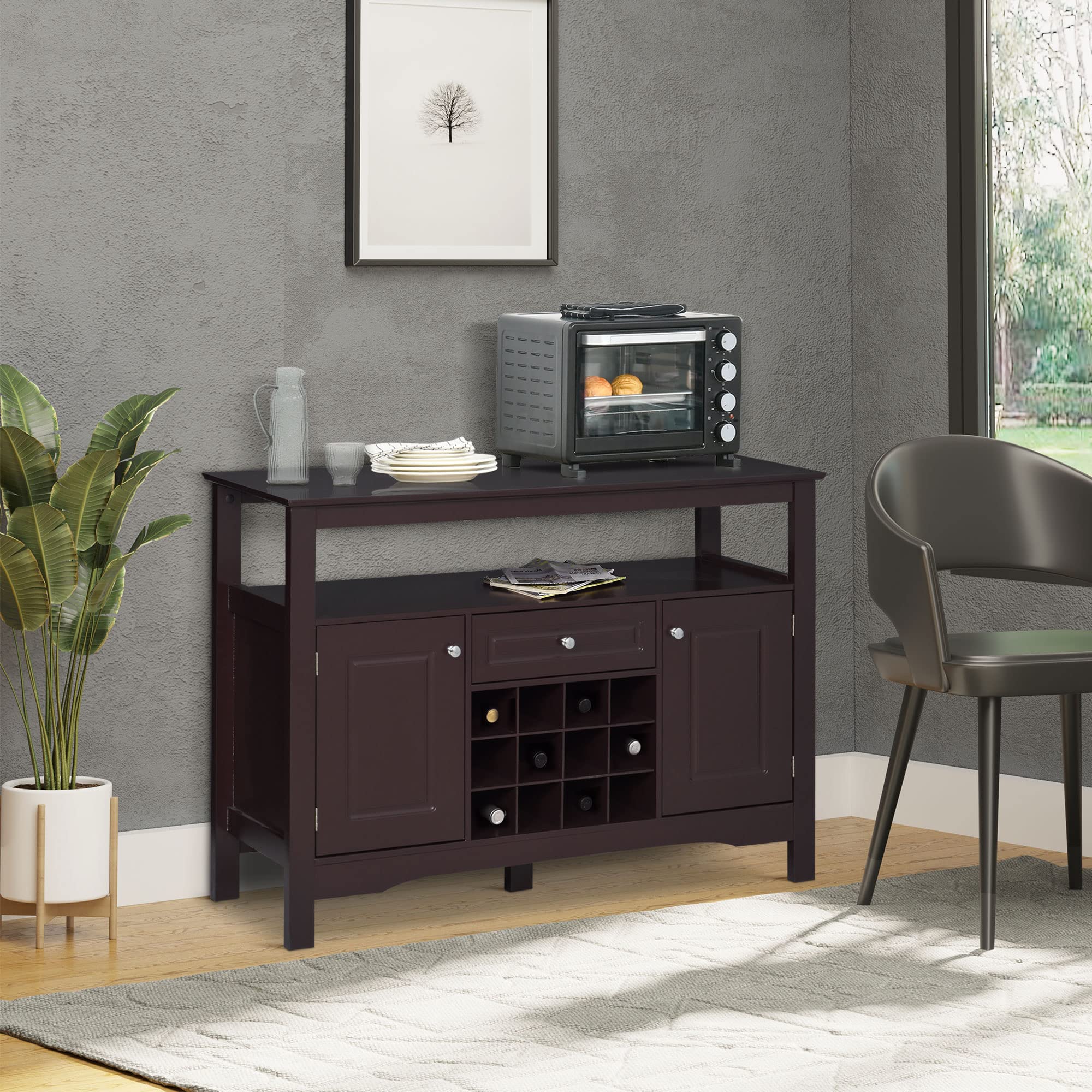 HOMCOM Modern Coffee Bar Cabinet with Wine Rack - 12-Bottle Storage Sideboard Buffet with Drawer for Living Room, Kitchen, Dining Room | Espresso Finish Home Bar Furniture for Entertaining & Storage