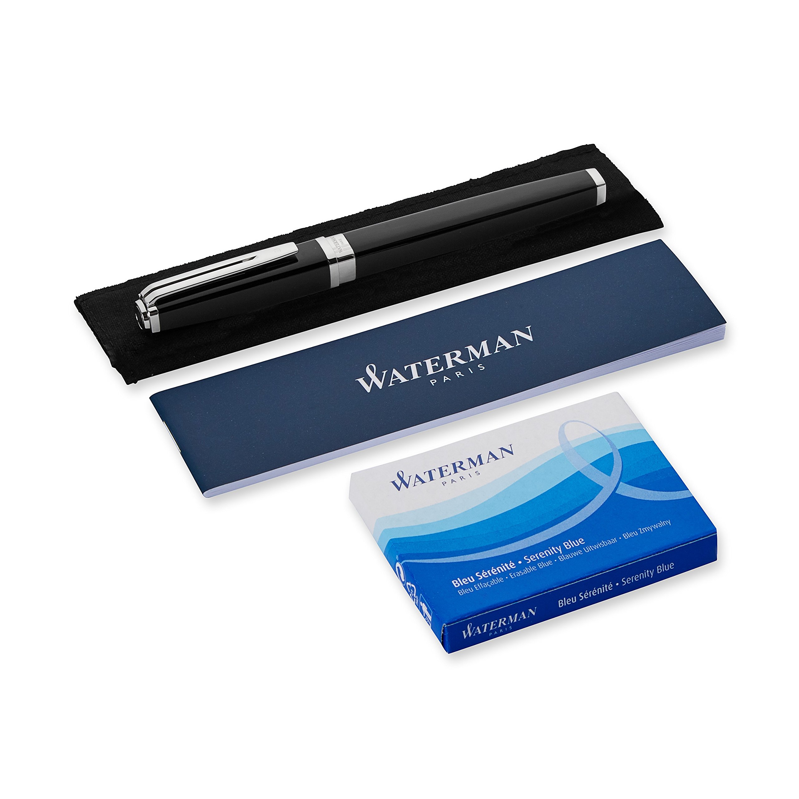 Waterman Exception Fountain Pen - Slim Black with Silver Plated Clip, Fine Nib & Blue Ink Cartridge | Luxury Writing Instrument for Professionals, Gift Box Included | Perfect for Business Signatures, Journaling & Elegant Correspondence